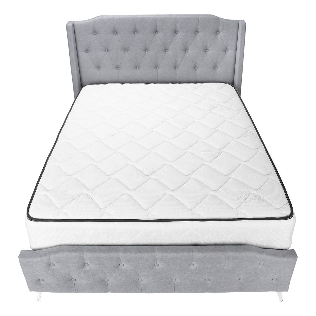 Wingford – Lit Queen – Tissu (Lin gris) + Pieds chromés