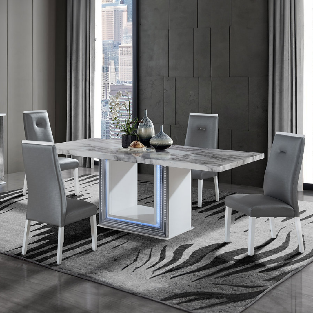 Milano – Ensemble de salle à manger – Aspect marbre blanc / PU gris