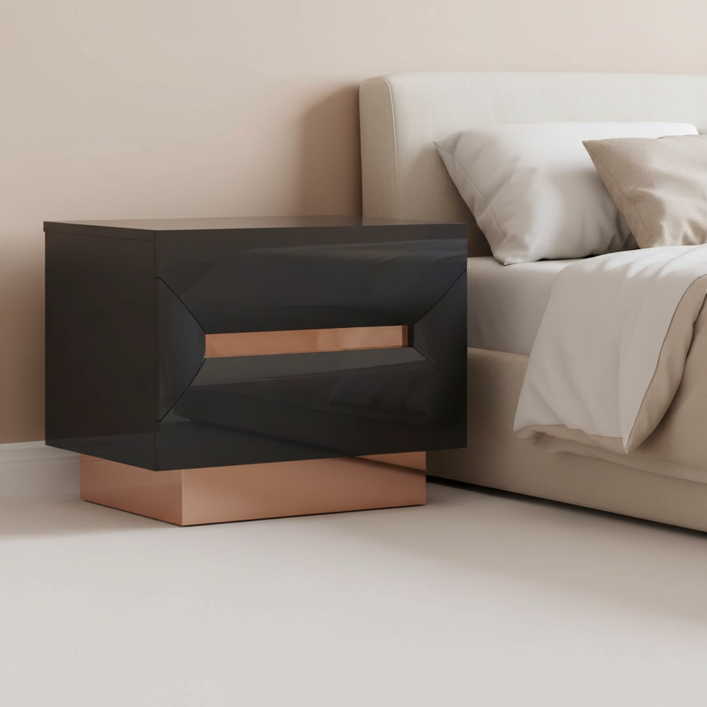 Zaneva – Table de chevet noir laqué métal rose gold