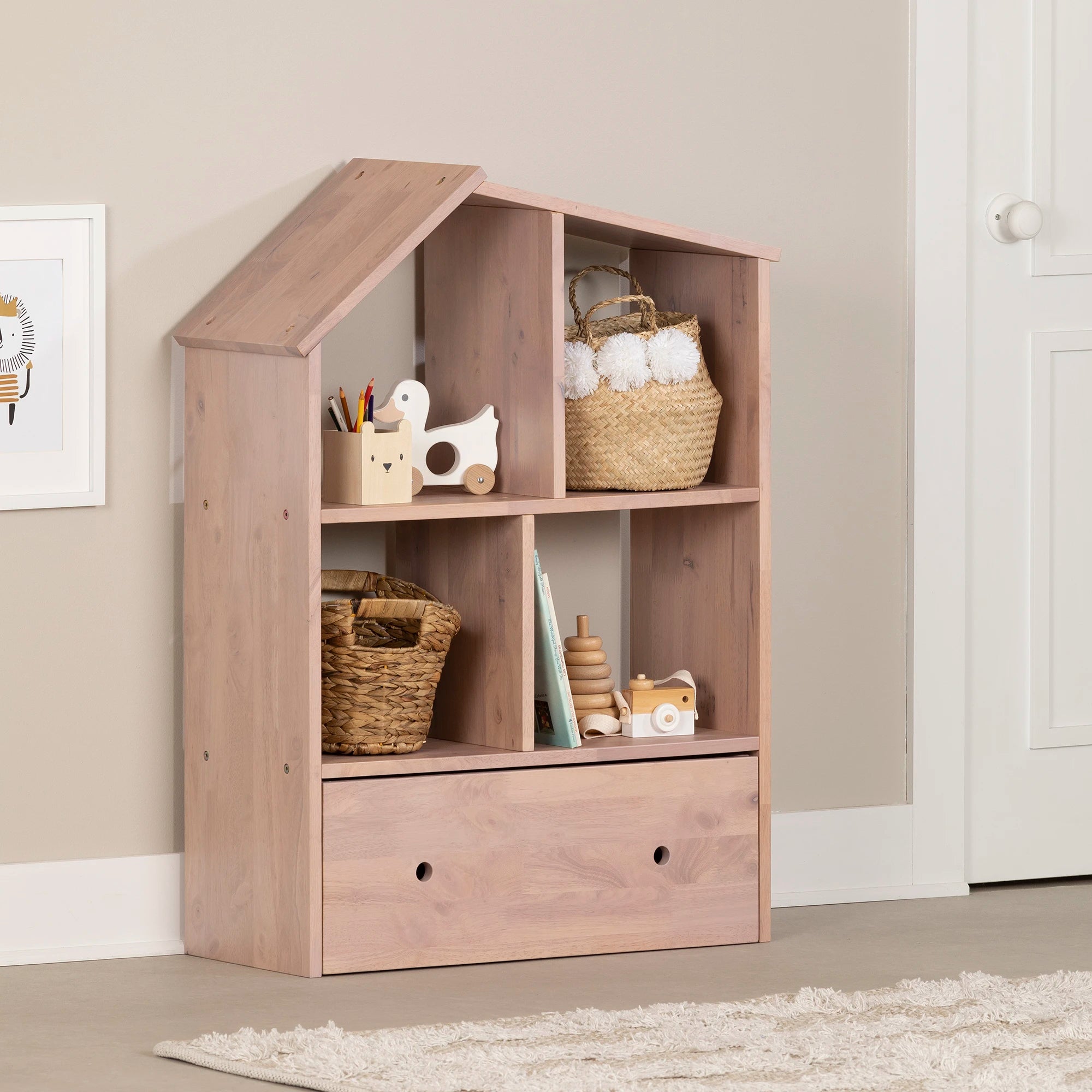 Solid Wood House Shaped Bookcase with Storage Bin - Sweedi