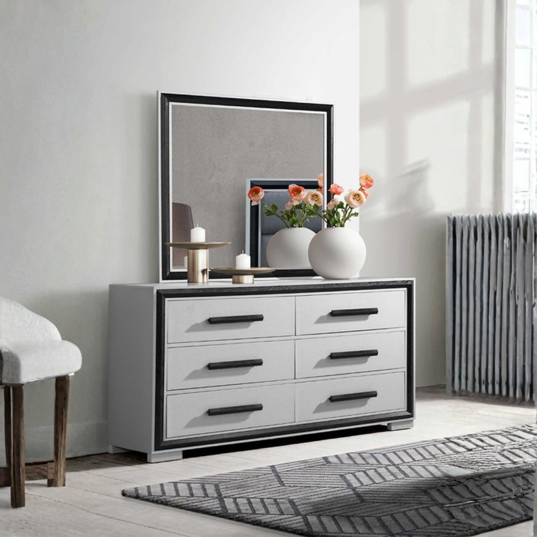 Noctis – Commode 6 tiroirs avec miroir – Argent avec finitions noires