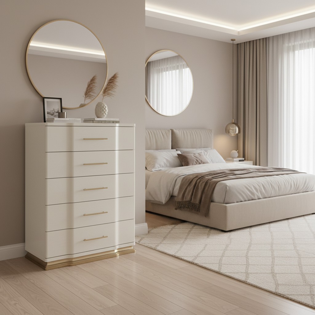 Arcano – Chiffonnier crème laqué poignées métal