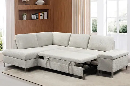 Soft Beige Fabric Sectional Sofa Bed With Lift-Up Storage Bench 9023