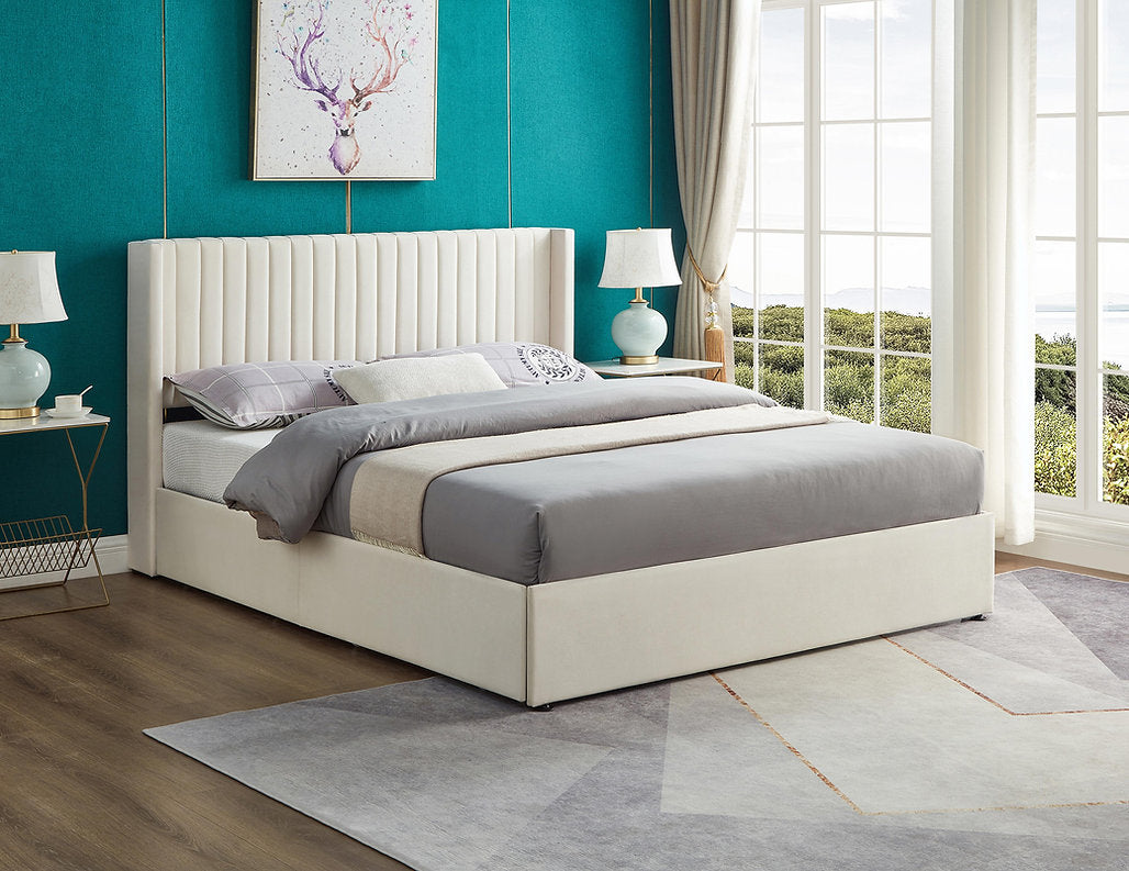 Queen Storage Platform Bed – Cream Velvet Upholstery 5407