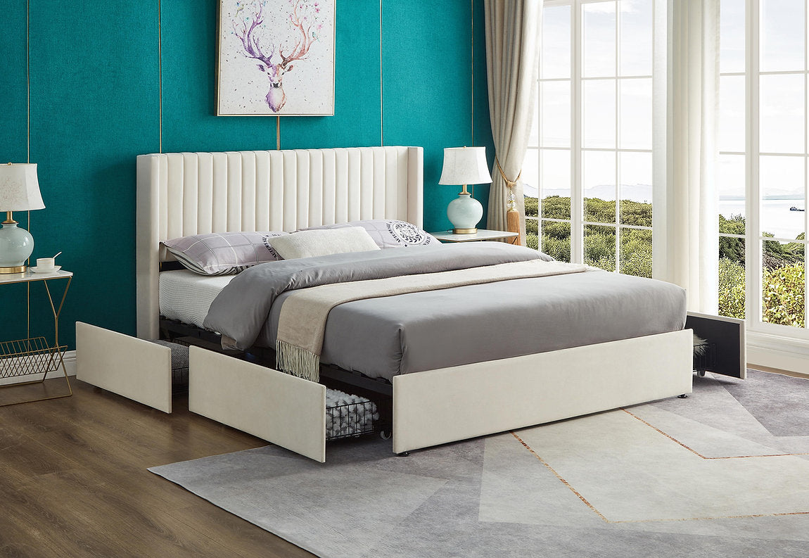 Queen Storage Platform Bed – Cream Velvet Upholstery 5407