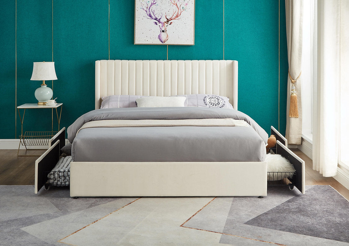 Queen Storage Platform Bed – Cream Velvet Upholstery 5407