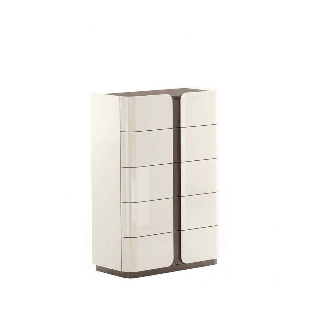 Crivano – Chiffonnier 5 tiroirs crème et brun laqué