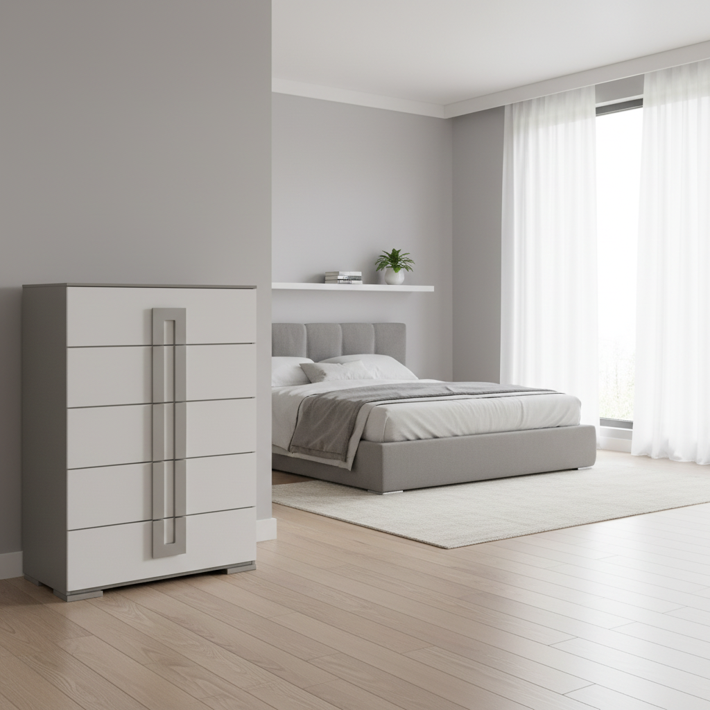 Linova – Chiffonnier blanc haut poignées métalliques