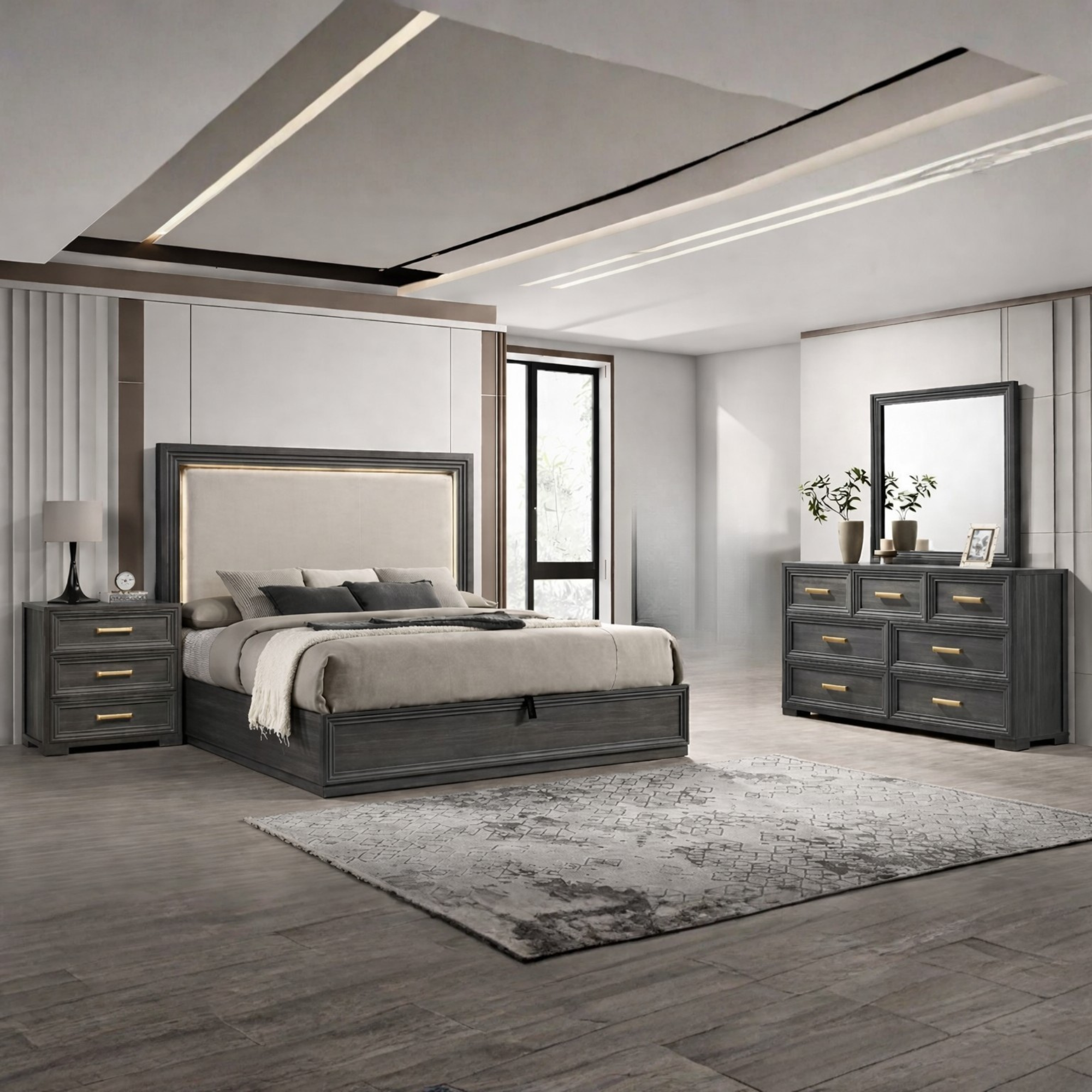 Karvon – Queen Bedroom Set Anthracite Grey Cream Fabric