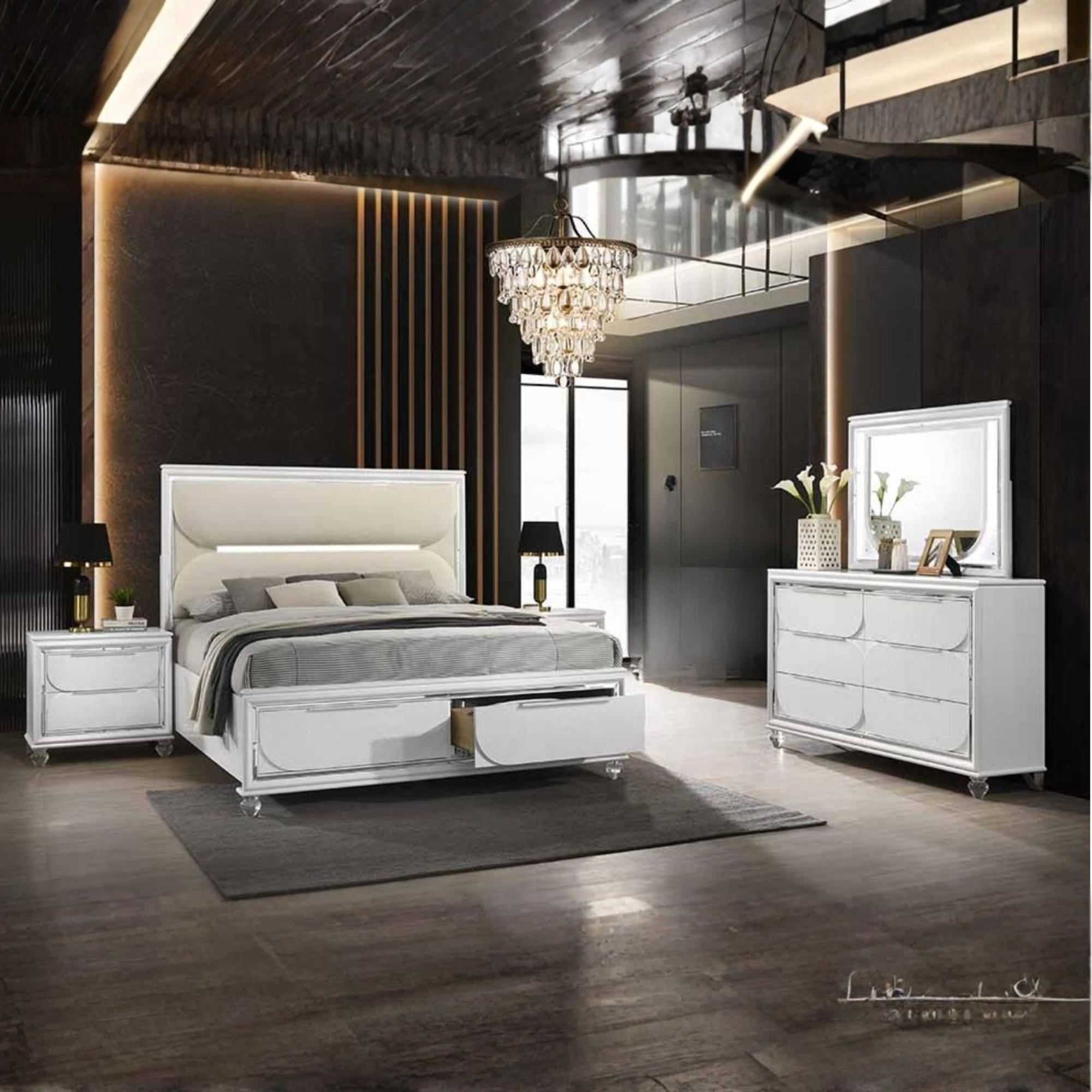 Cleova – White Lacquered LED Queen Bedroom Set
