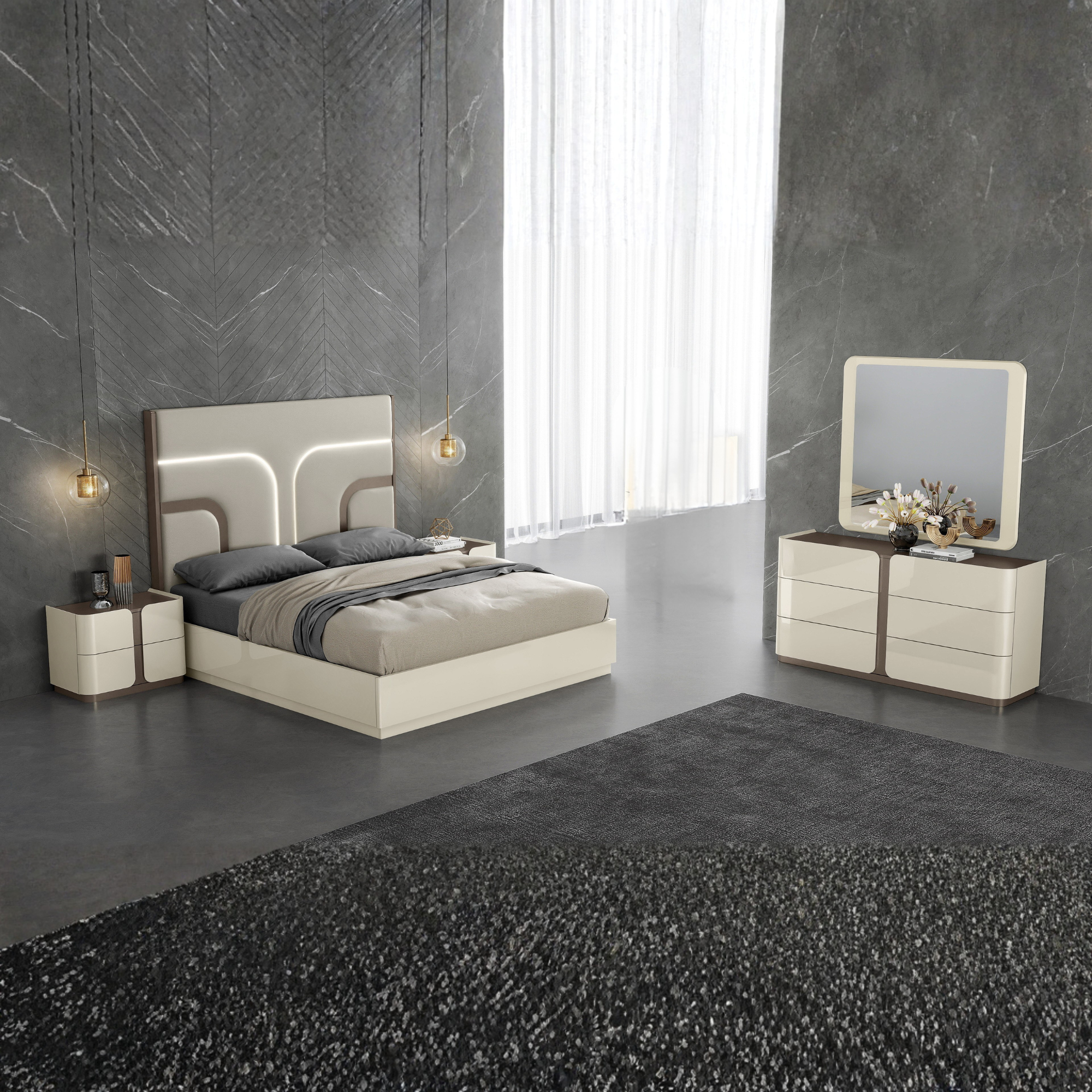 Crivano – Ivory and Brown Lacquered King Bedroom Set