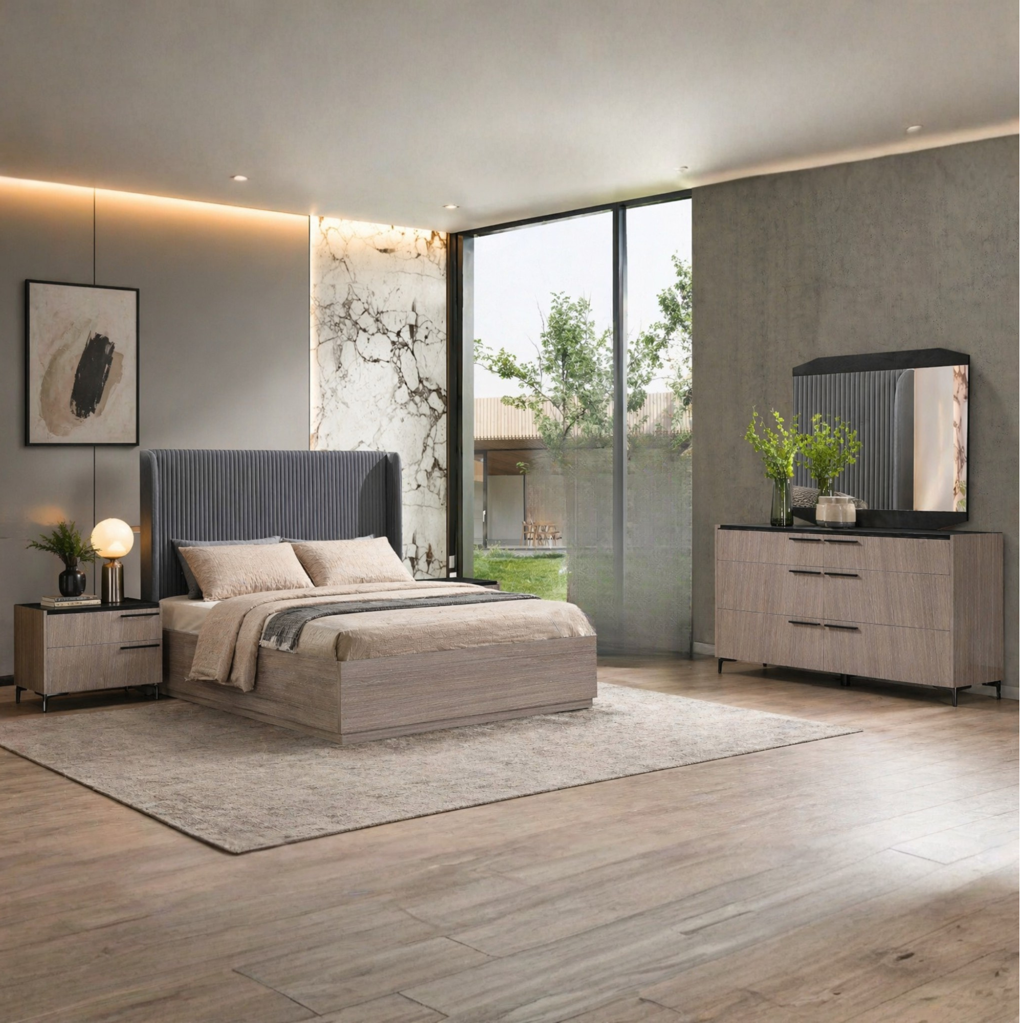 Striavo – Queen Bedroom Set Natural Wood Grey Velvet