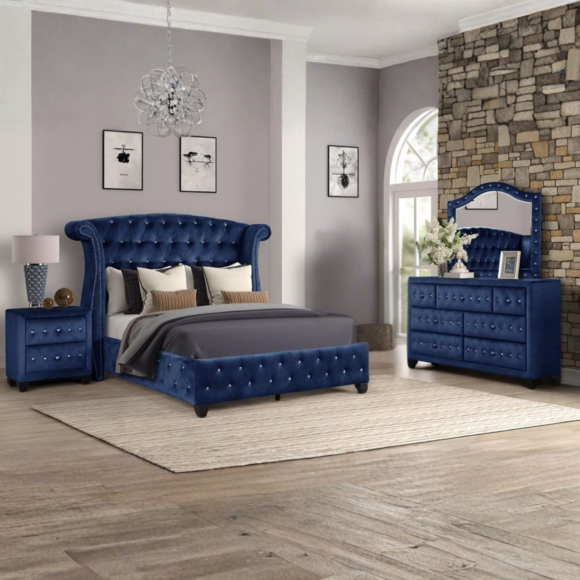 Magnova – Navy Blue Velvet Queen Bedroom Set
