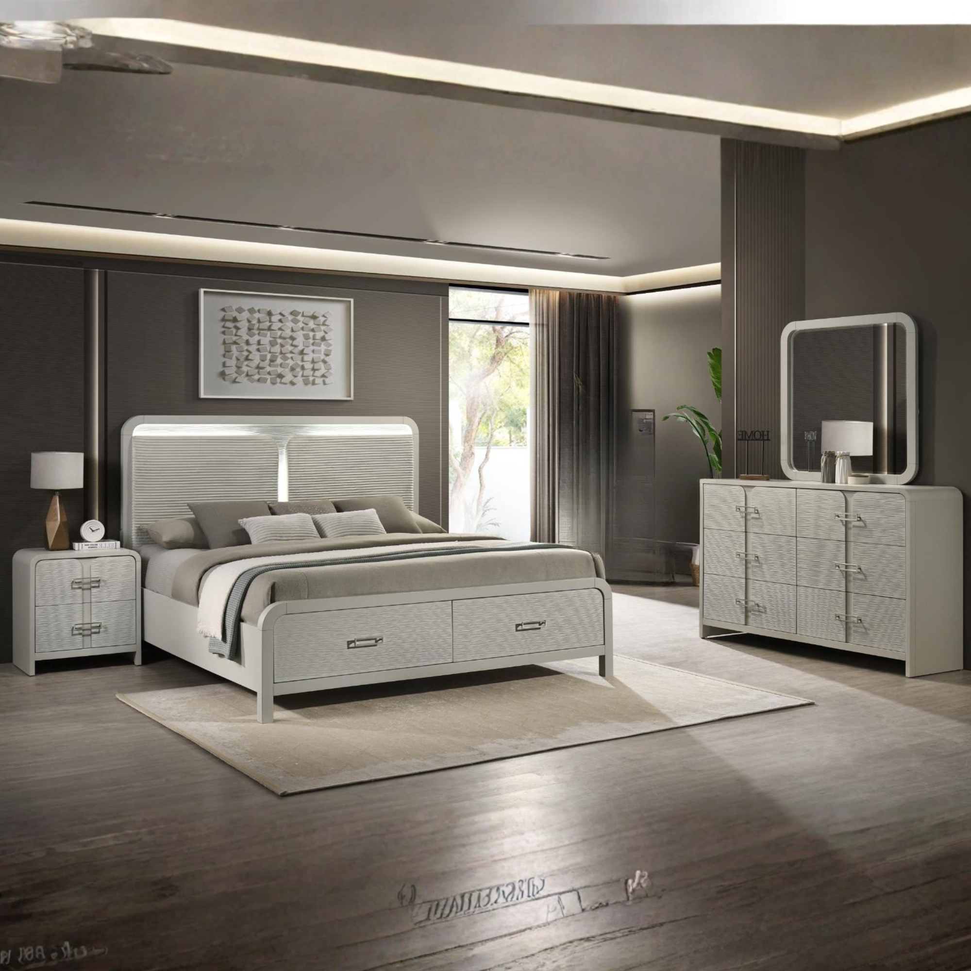 Serova – Ensemble de chambre king gris perle rangement laqué