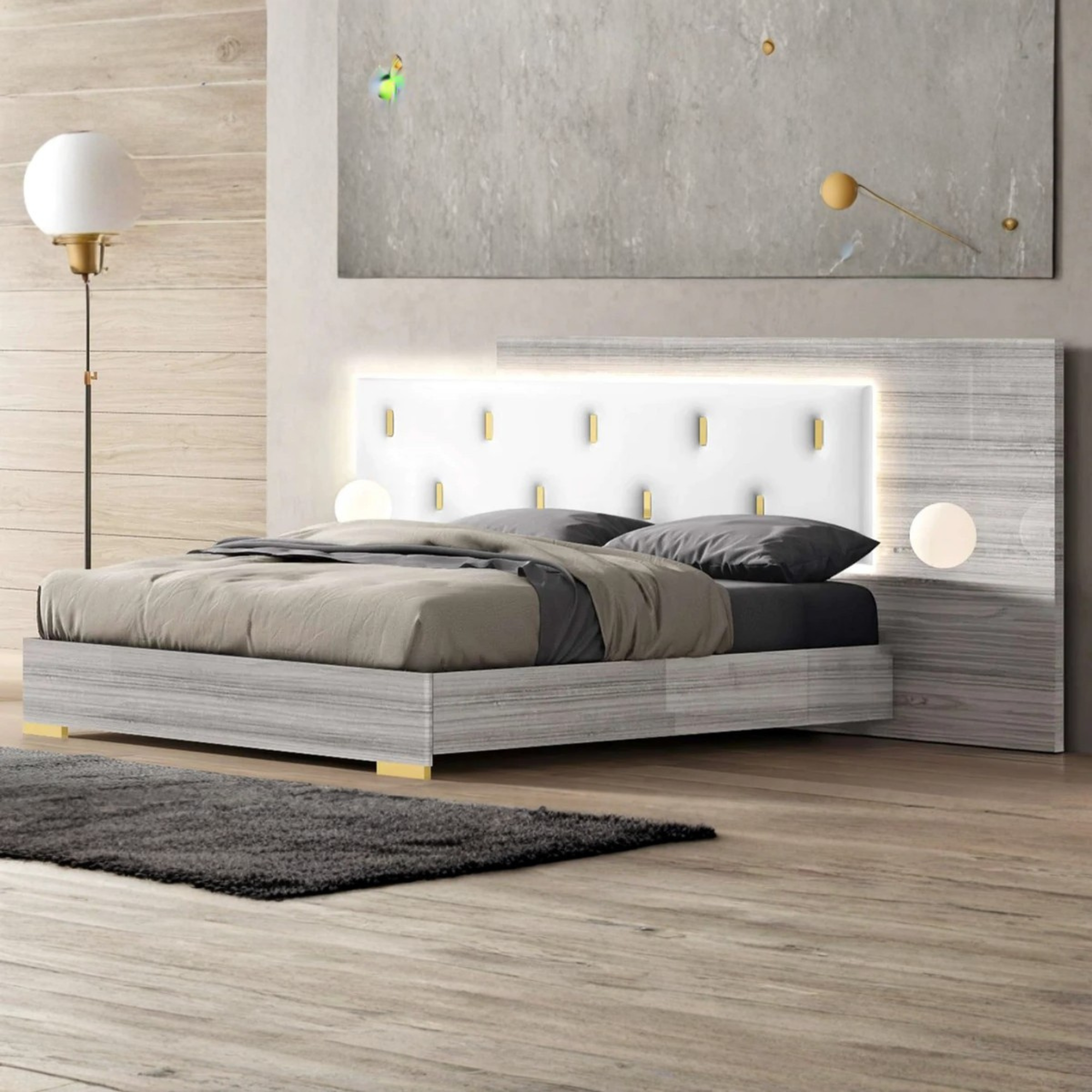 Zelvana – Ensemble de chambre king blanc et gris rangement