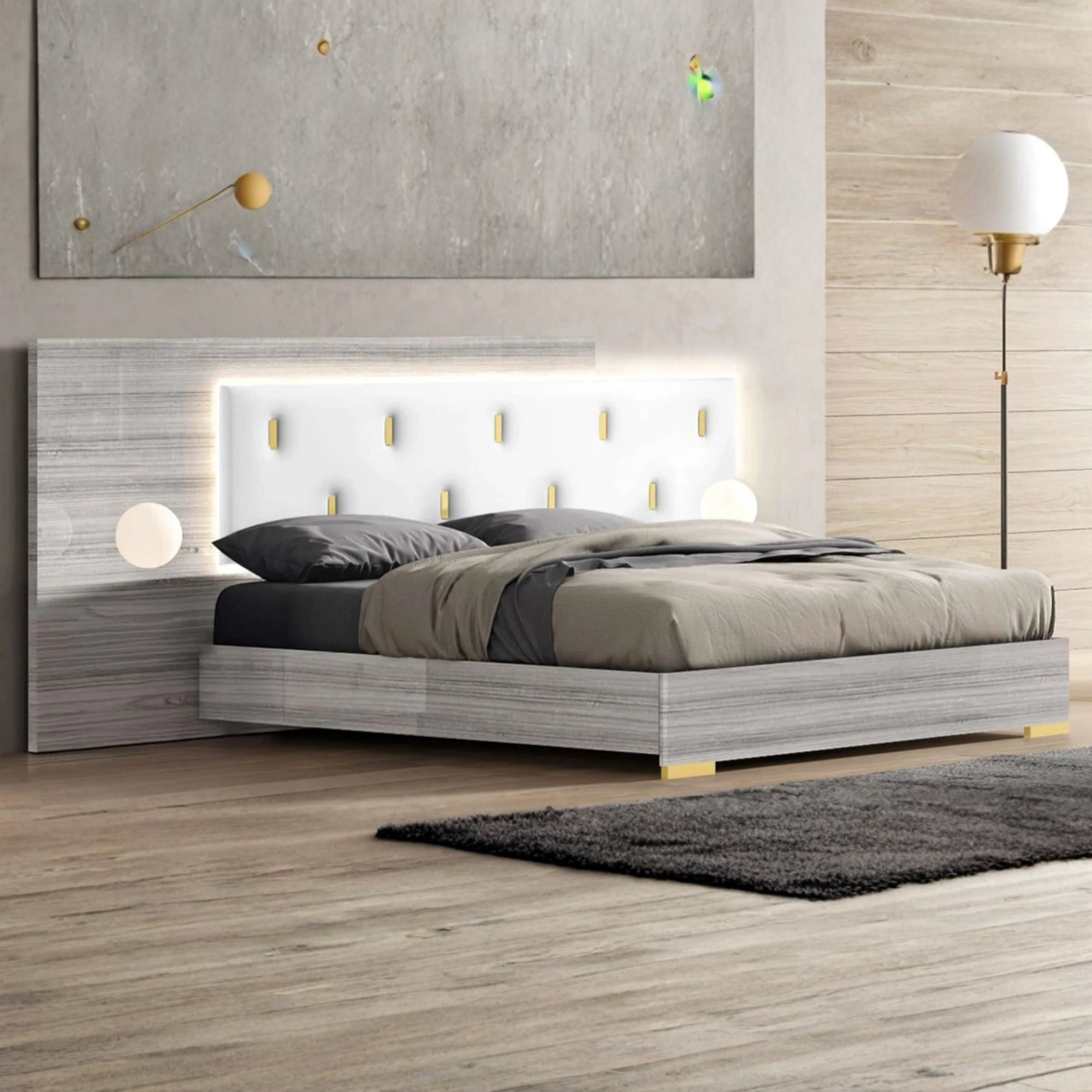 Zelvana – Lit queen avec rangement hydraulique blanc gris DEL