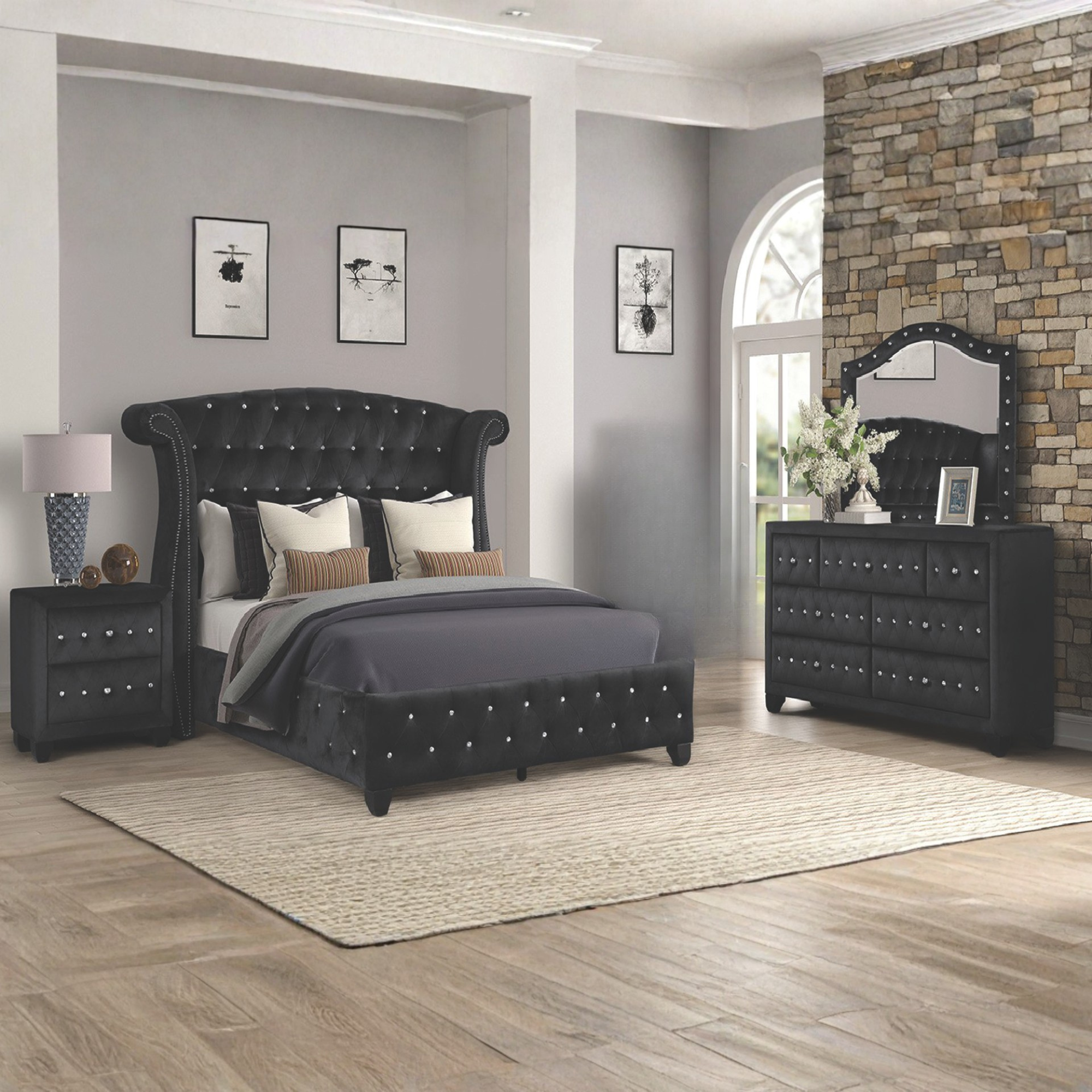 Magnova – Black Velvet Tufted Queen Bedroom Set