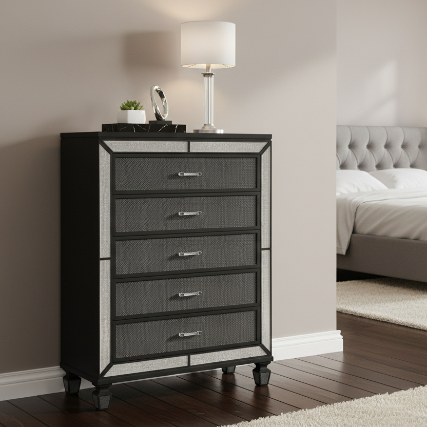 Radova – Chiffonnier noir cristal 5 tiroirs bois laqué