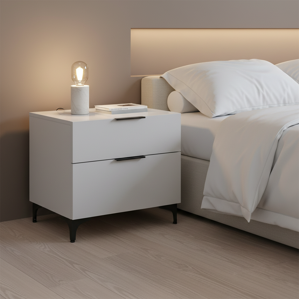 Polena – Table de chevet blanche brillante 2 tiroirs