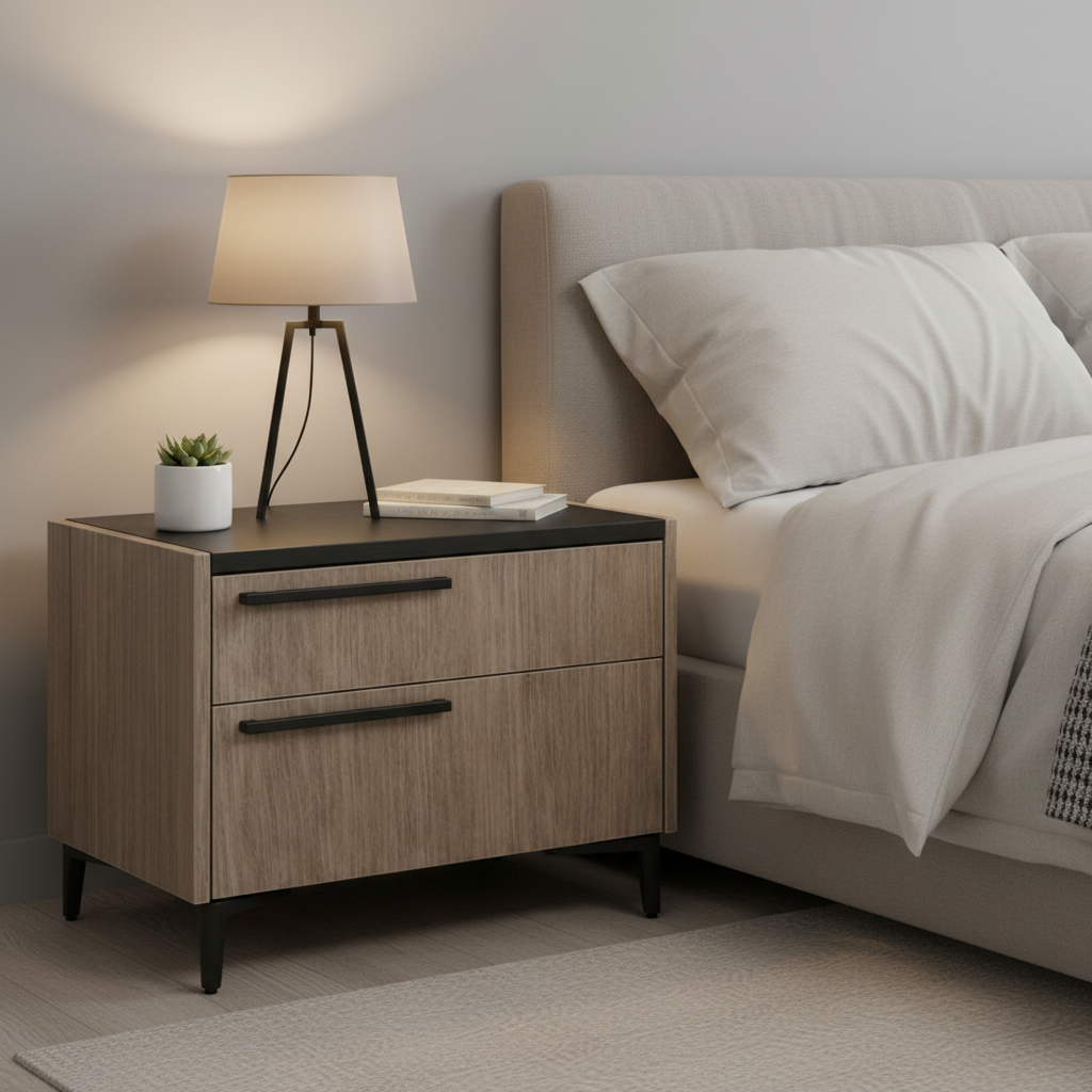 Striavo – Table de chevet droite bois naturel velours gris