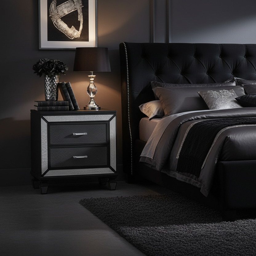 Radova – Table de chevet noir cristal 2 tiroirs bois laqué