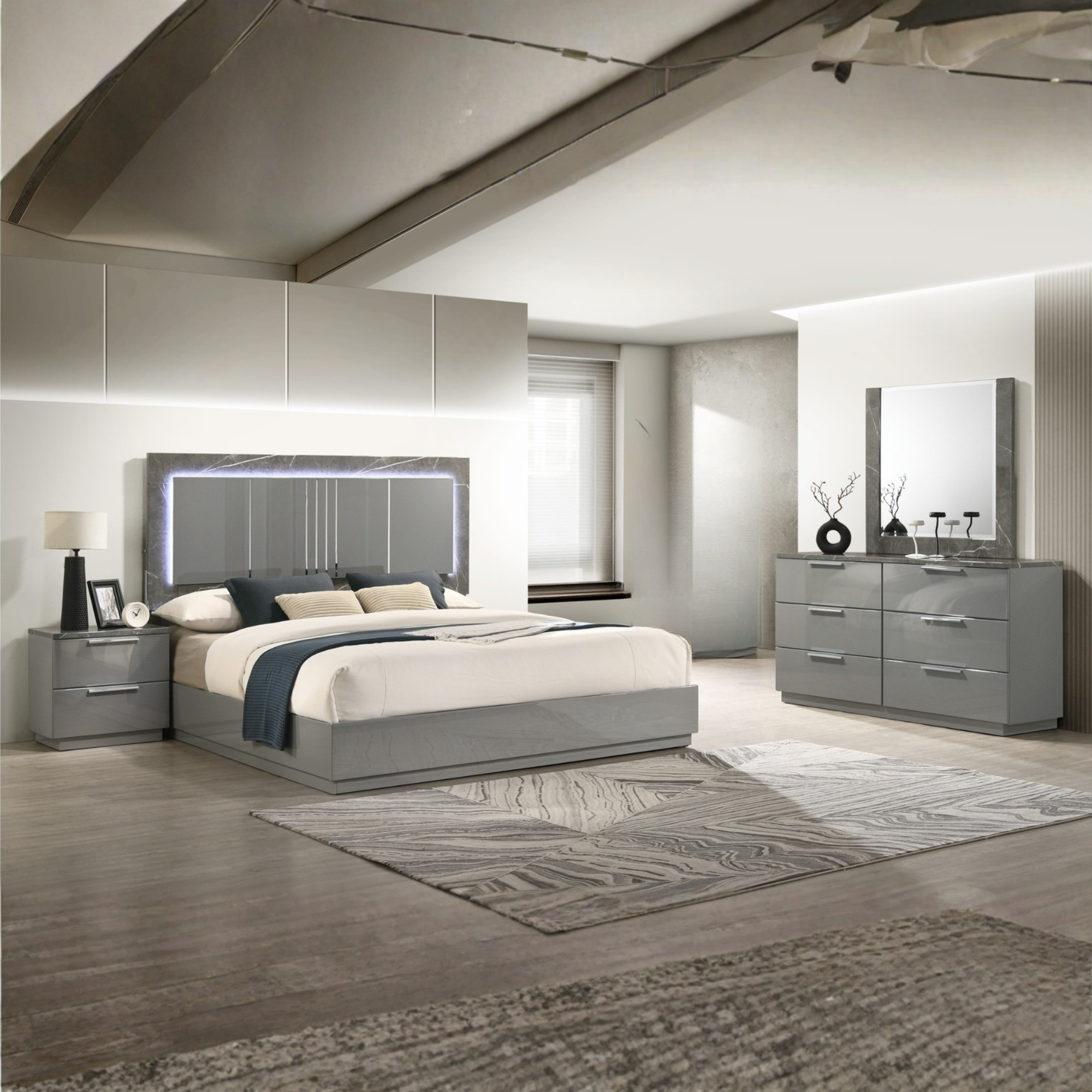 Marvino – Grey Lacquer Marble Queen Bedroom Set