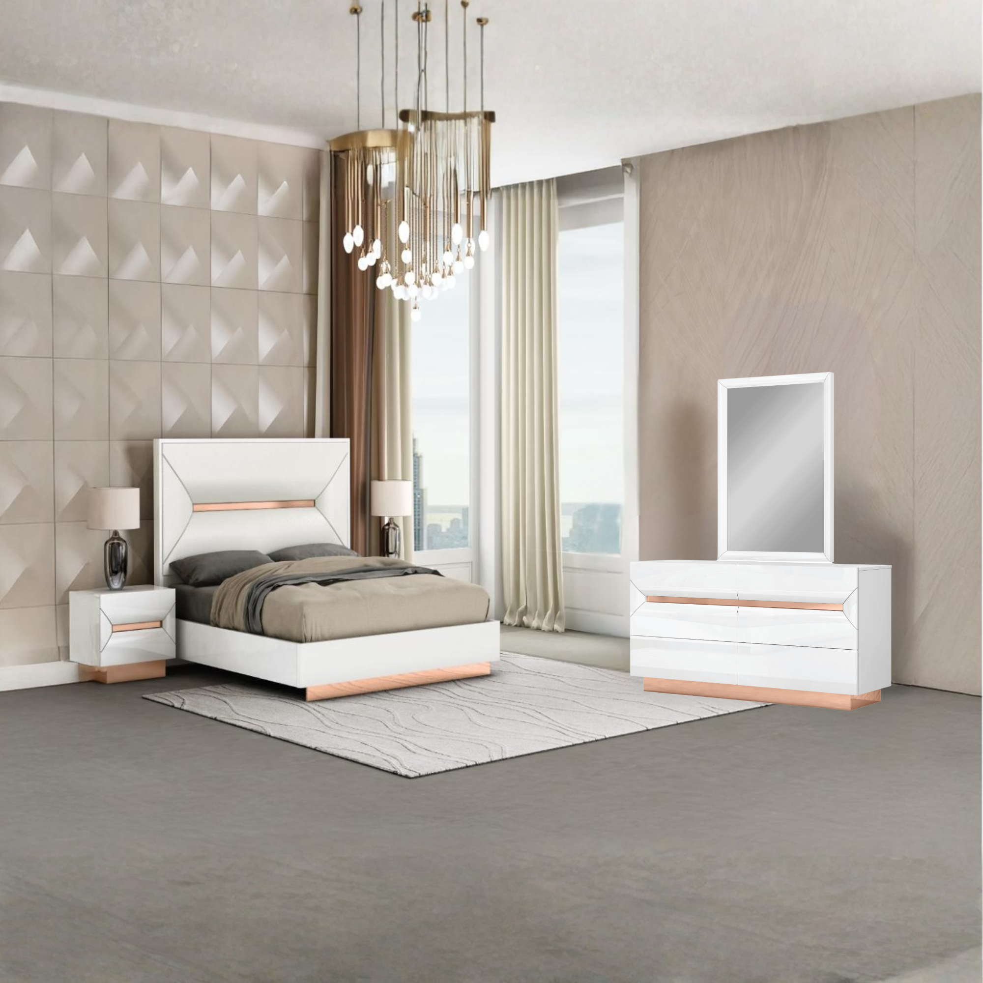 Zaneva – Ensemble de chambre king blanc laqué rose gold