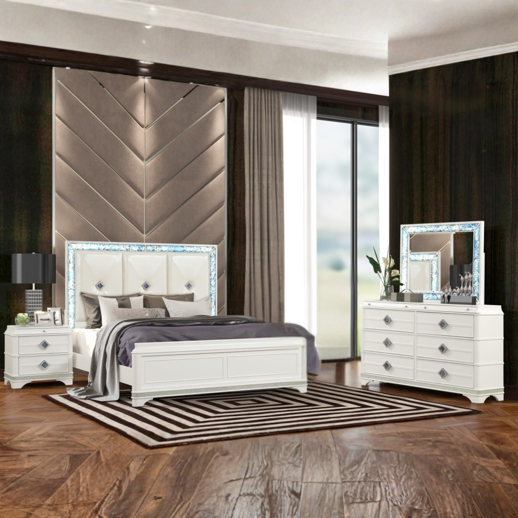 Zafira – Ensemble de chambre king blanc glamour bois laqué