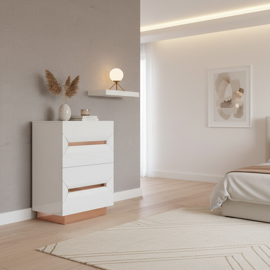 Zaneva – Chiffonnier blanc laqué accents rose gold