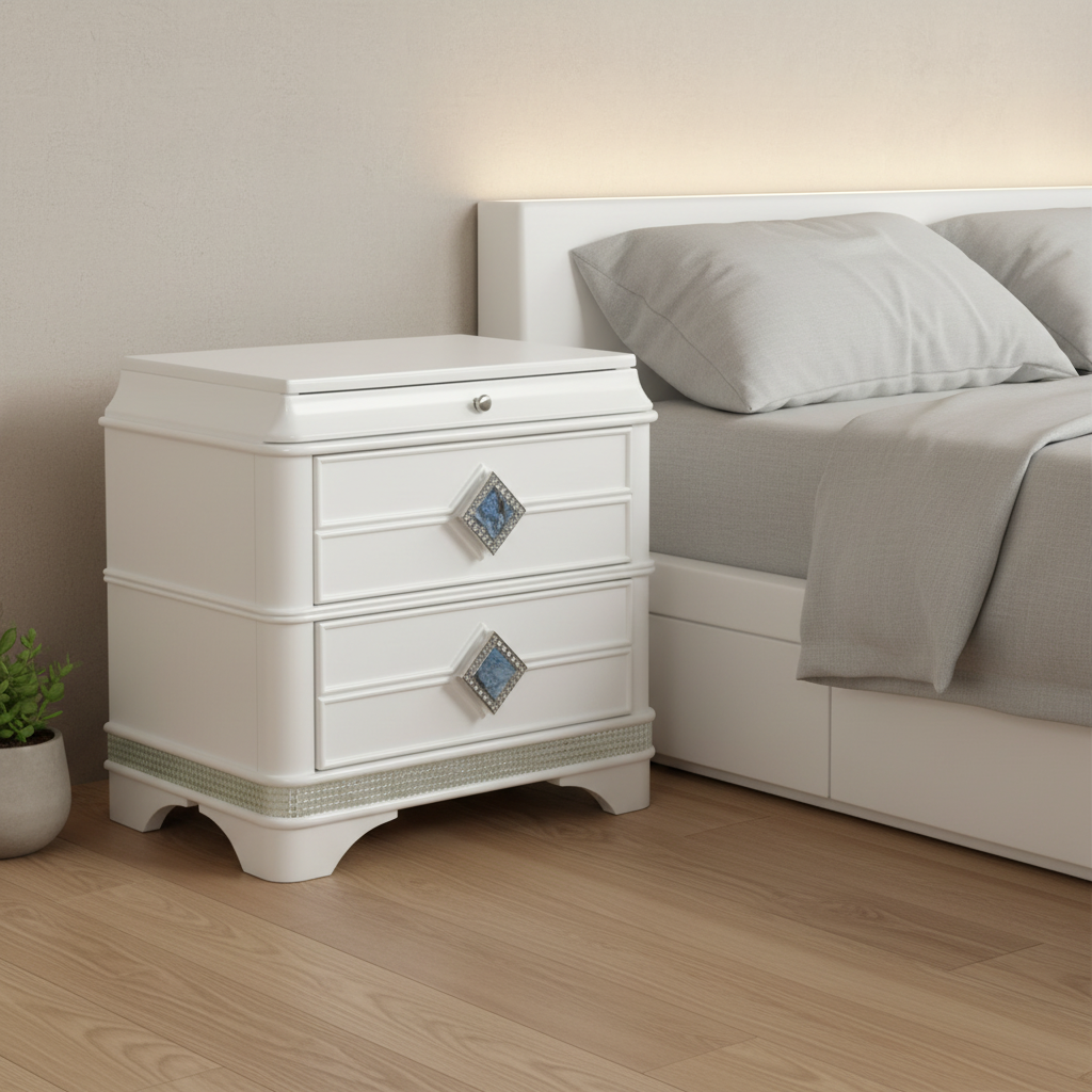 Zafira – Table de chevet blanche 2 tiroirs laqué cristal