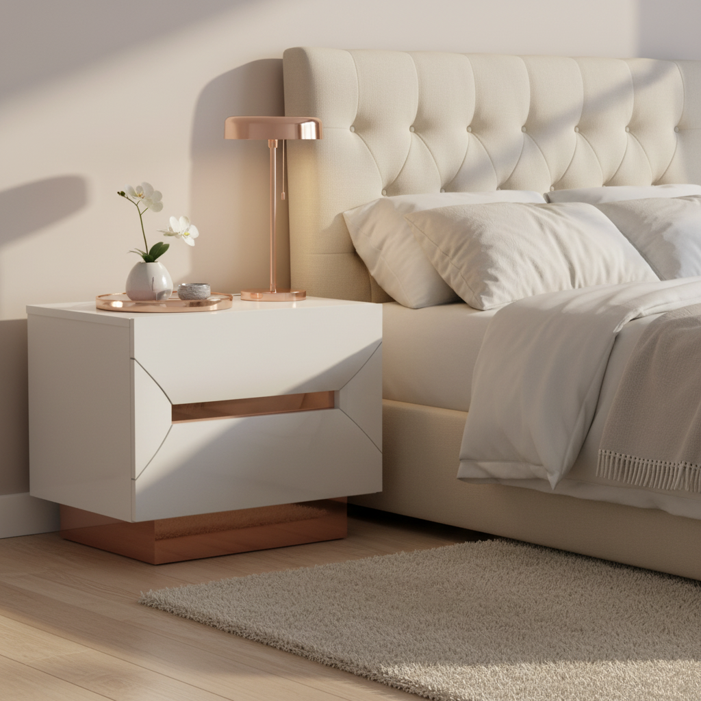 Zaneva – Table de chevet blanche laquée rose gold