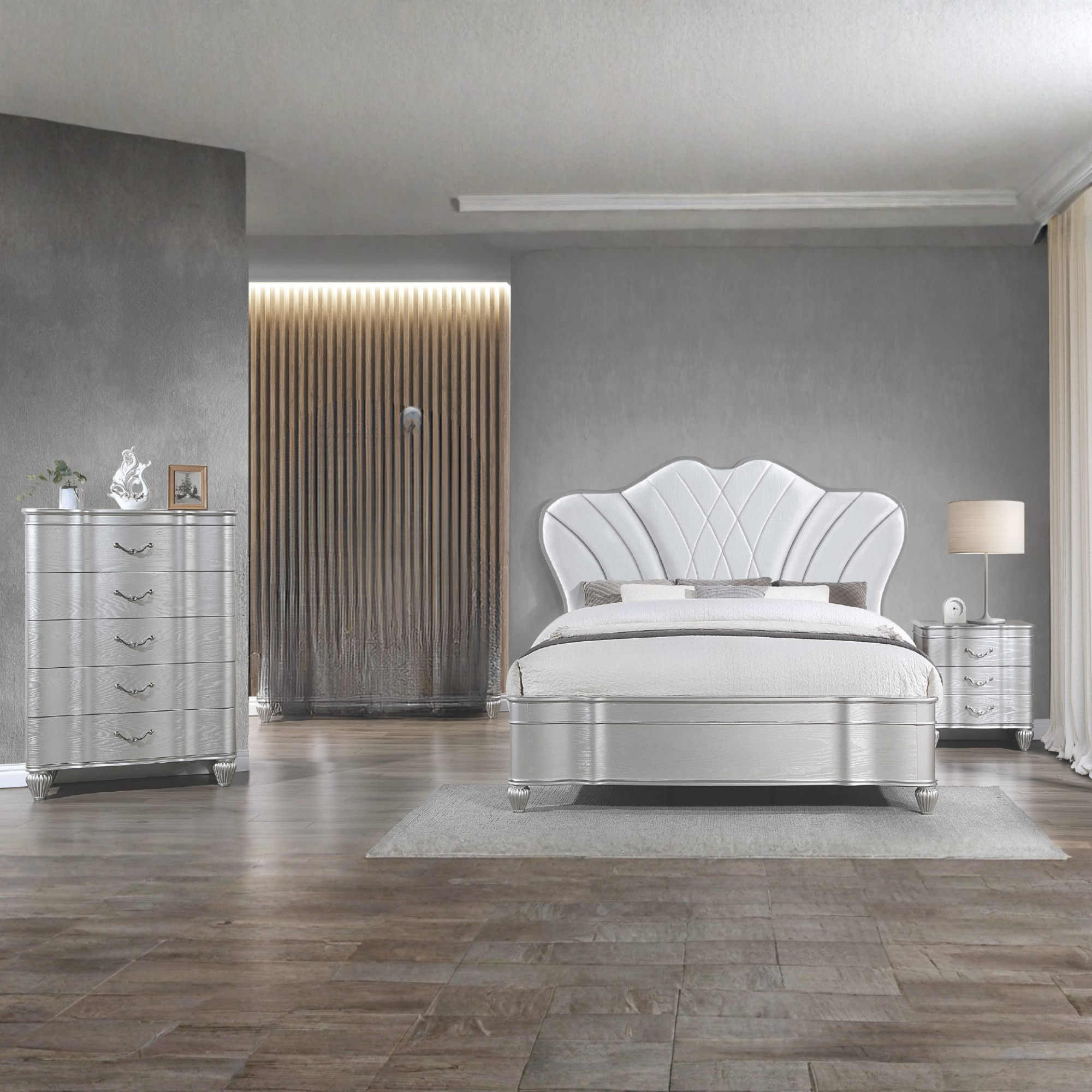 Valdora - Glamorous Silver Faux Leather Queen Bedroom Set