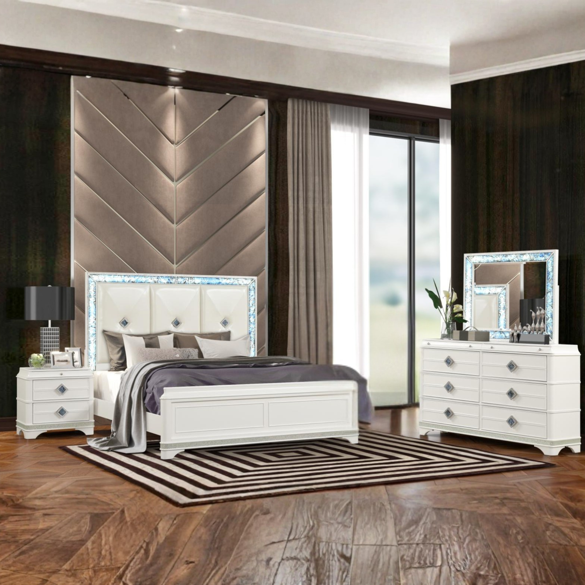 Zafira – Glamorous White Lacquered Wood Queen Bedroom Set