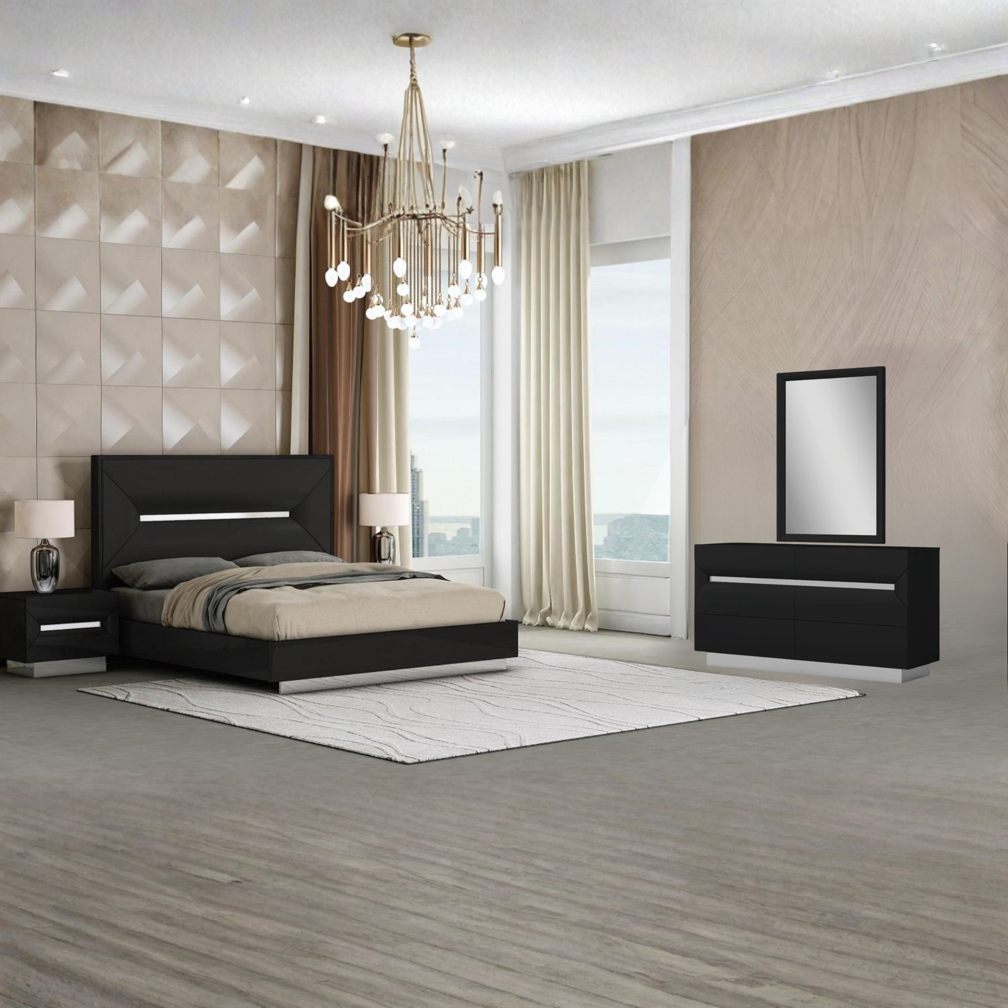 Zenova – Black Matte Faux Leather Queen Bedroom Set