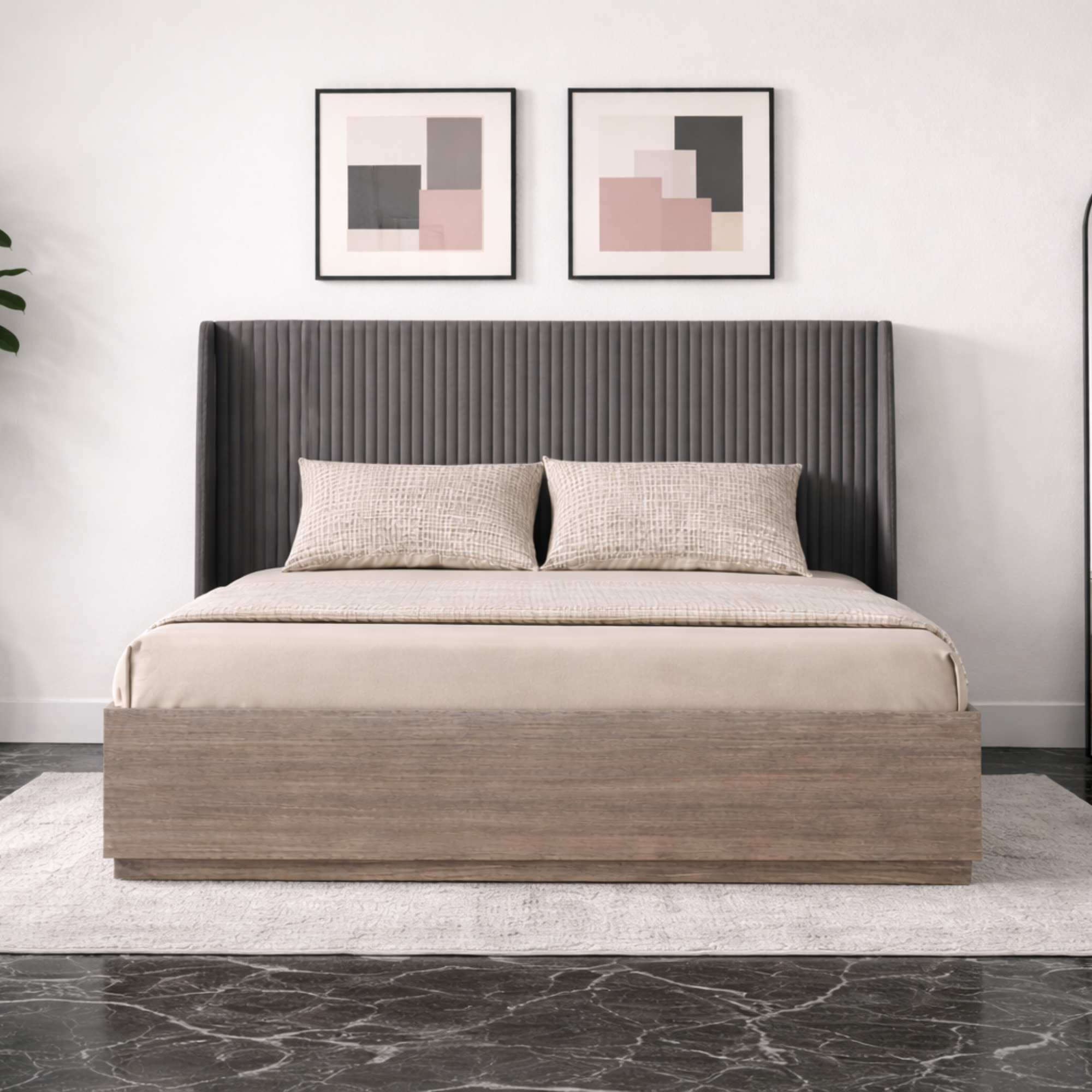 Striavo – Lit queen rembourré bois naturel velours gris