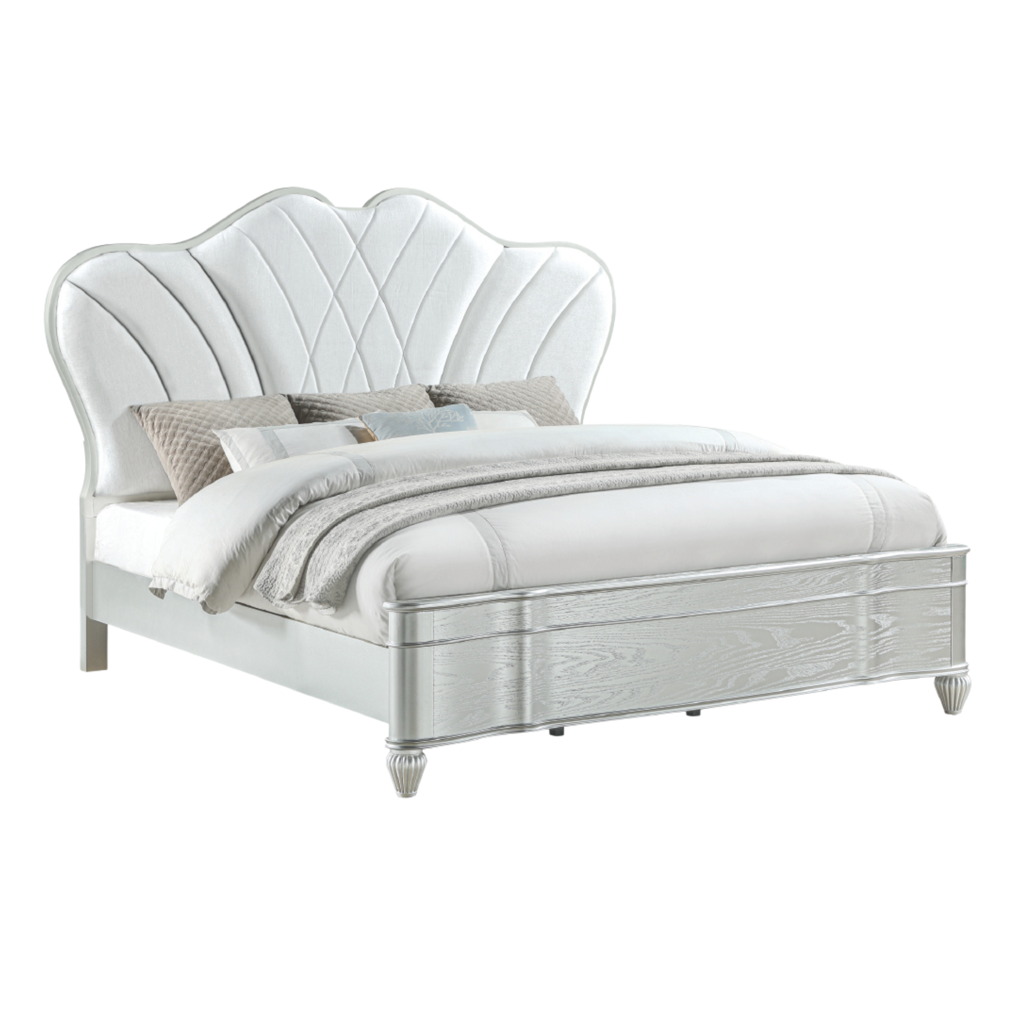 Valdora – Lit queen glamour argent et blanc similicuir