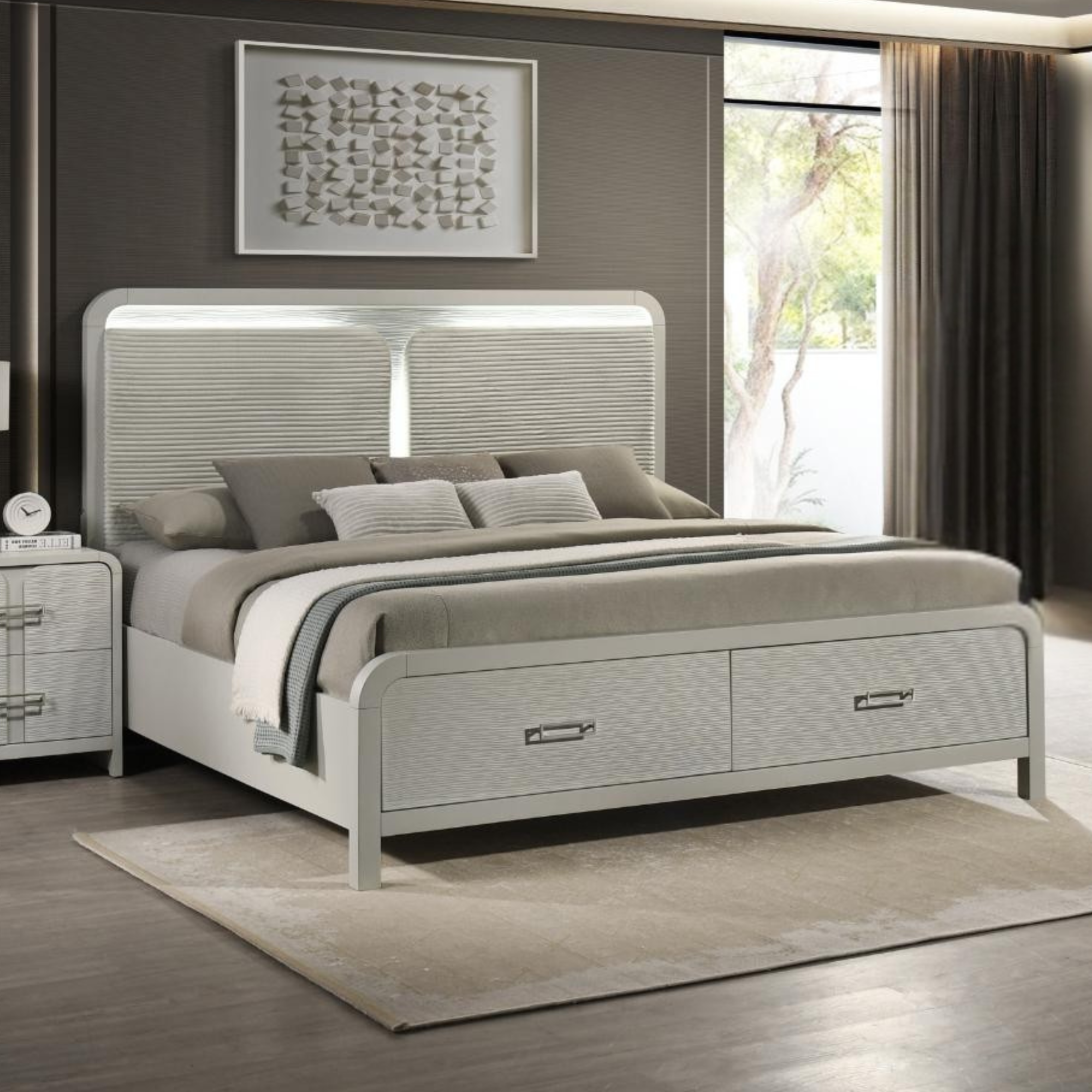 Serova – Lit queen gris perle avec rangement LED