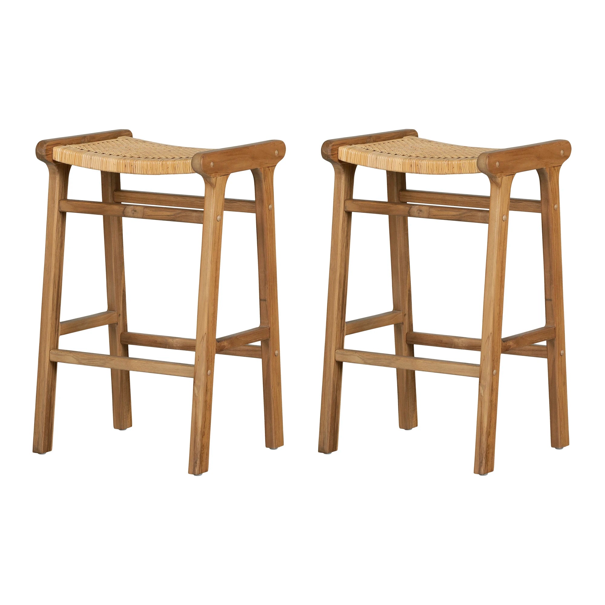 Rattan and Teak Bar Stool, Set of 2 - Agave