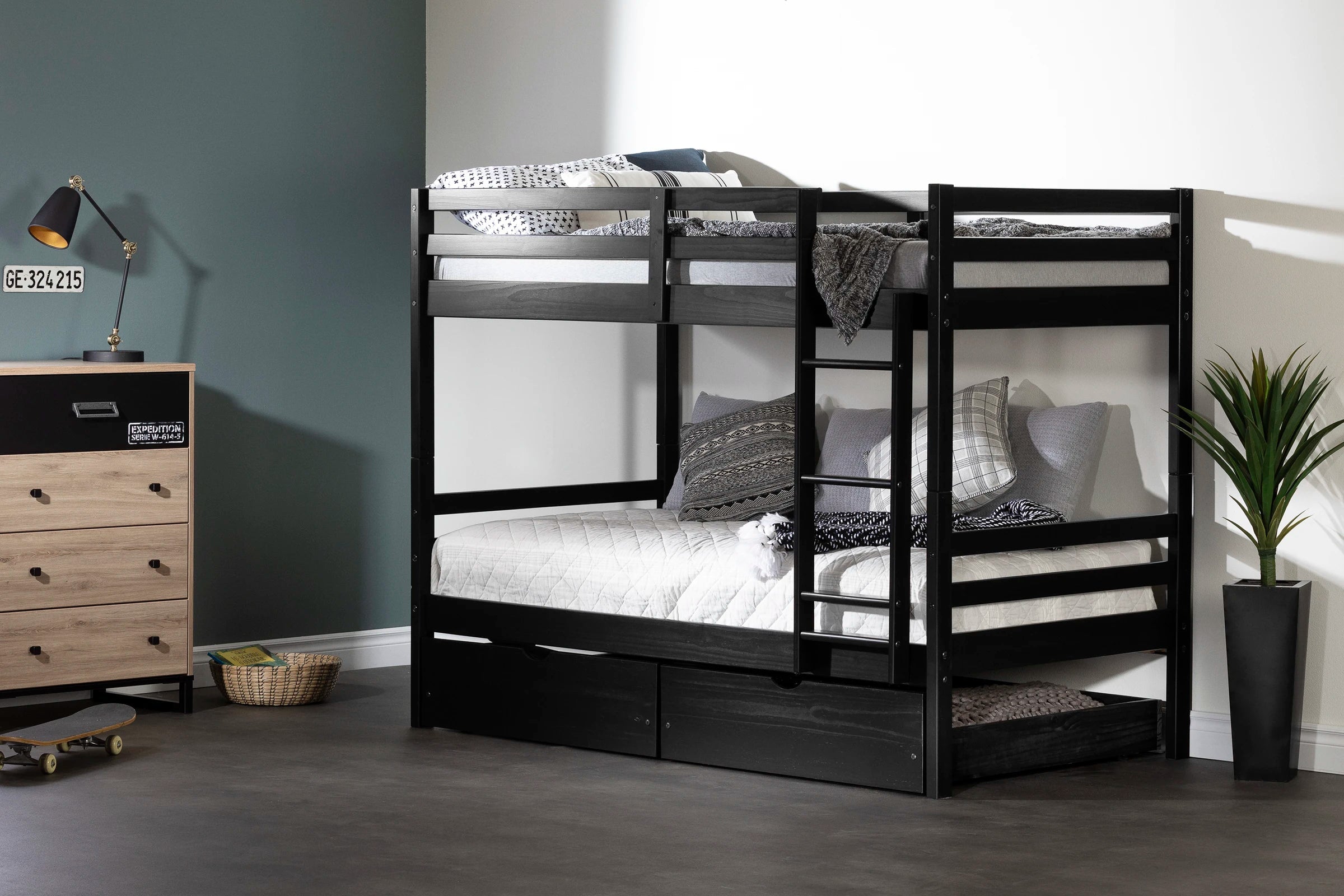 Solid Wood Bunk Bed and Rolling Drawers Set - Fakto