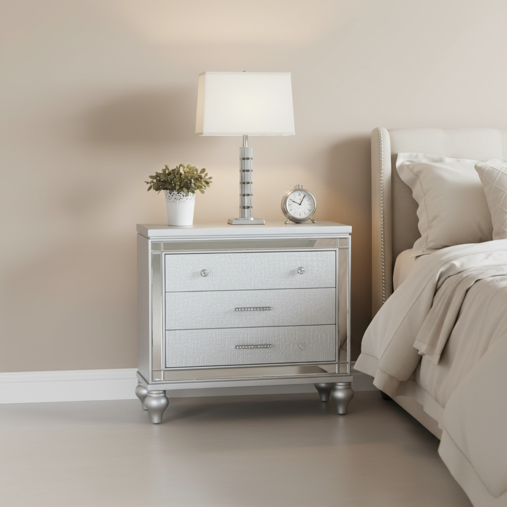 Glorova – Table de chevet argentée glamour miroir