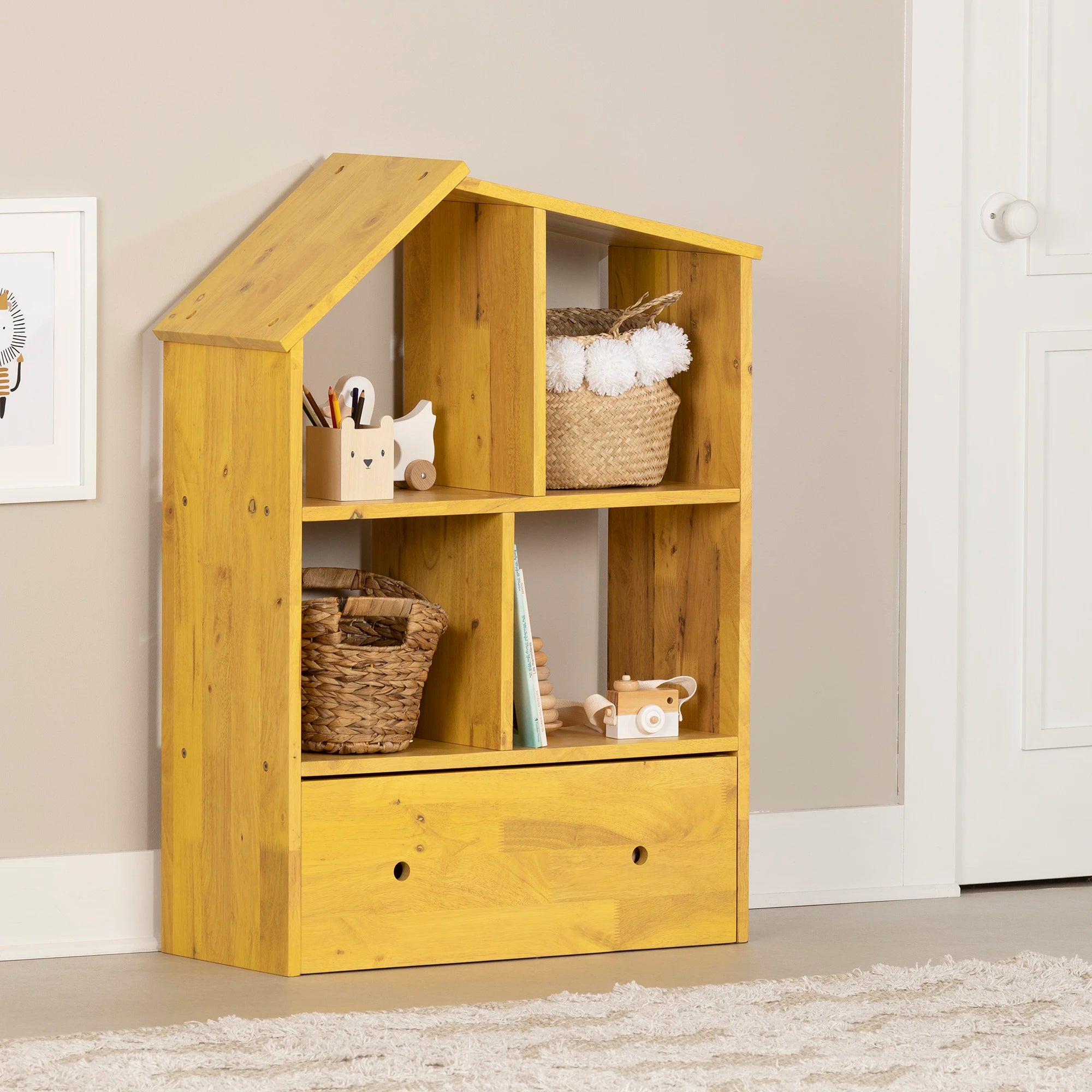 Solid Wood House Shaped Bookcase with Storage Bin - Sweedi