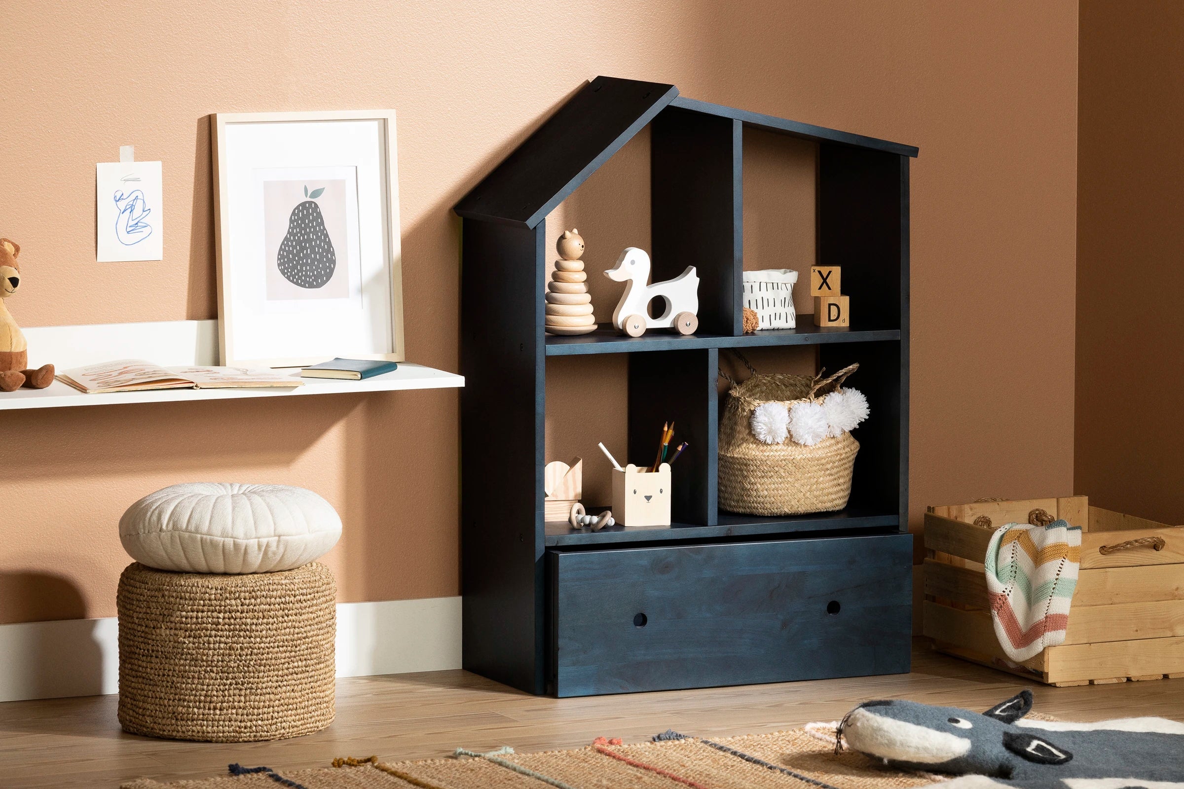 Solid Wood House Shaped Bookcase with Storage Bin - Sweedi