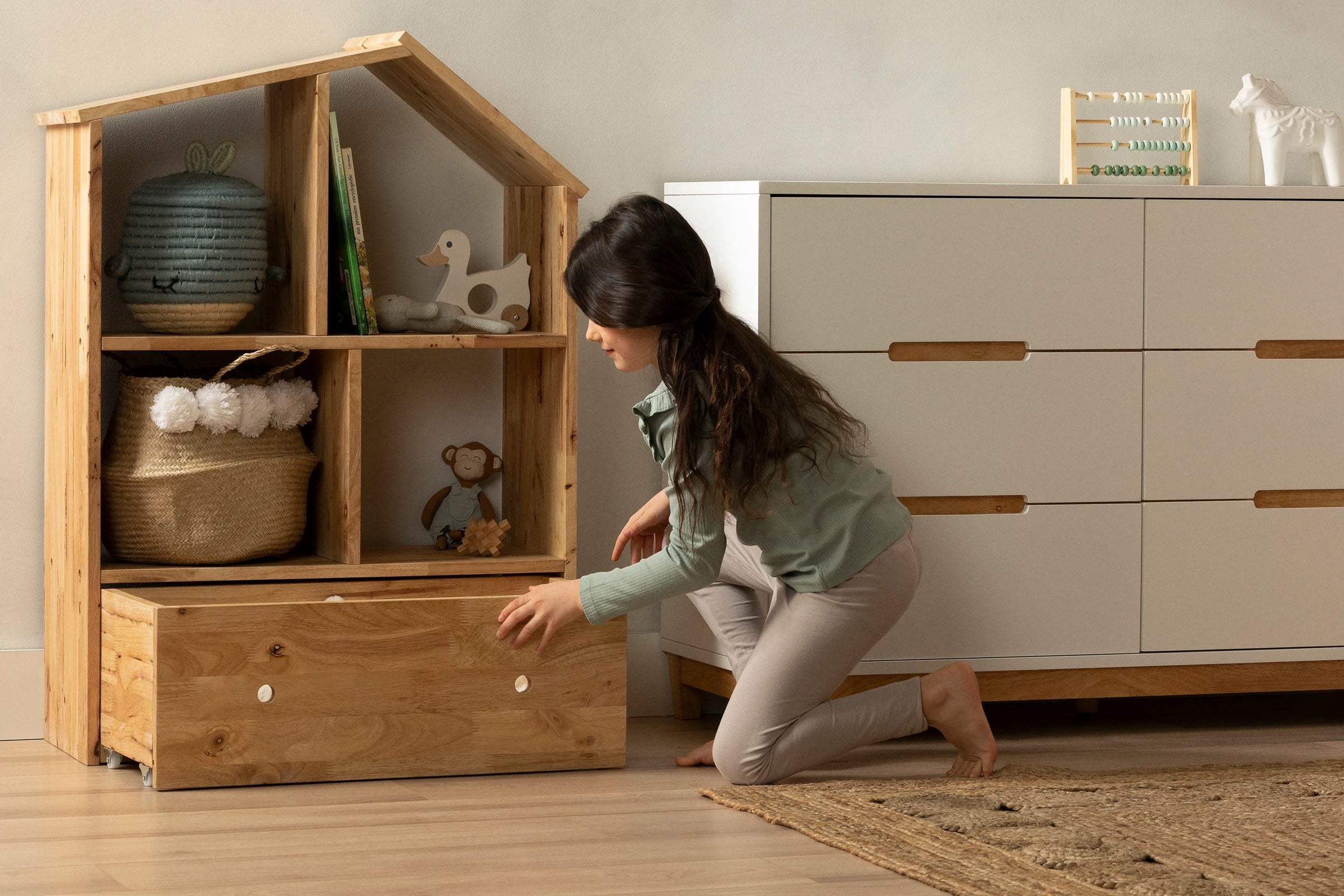 Solid Wood House Shaped Bookcase with Storage Bin - Sweedi