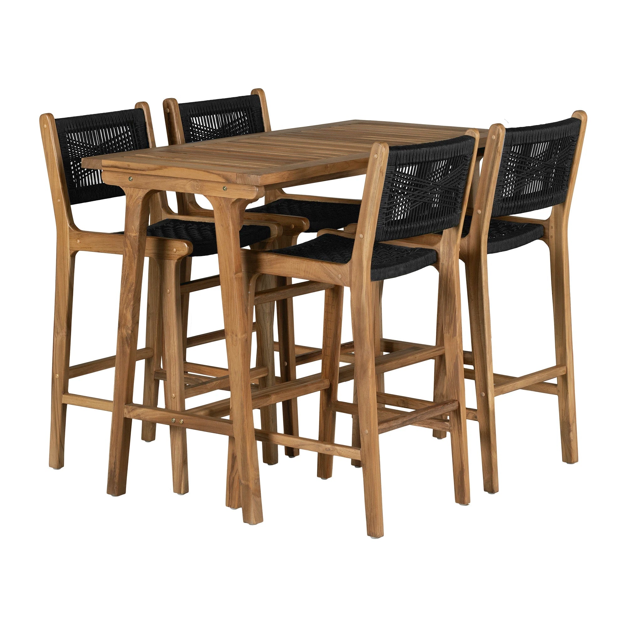 Teak Bar Table and Set of 4 Woven Rope Bar Stools - Agave