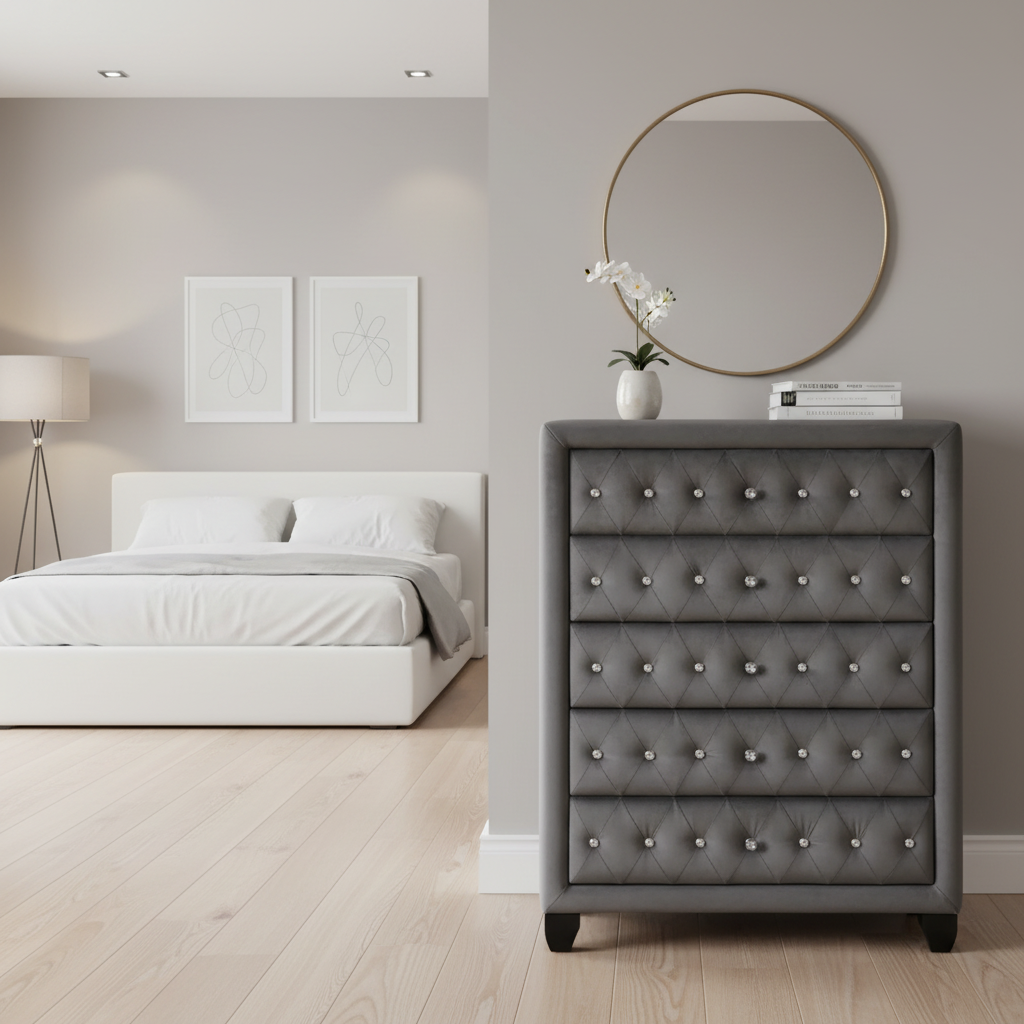 Magnova – Chiffonnier gris velours capitonné