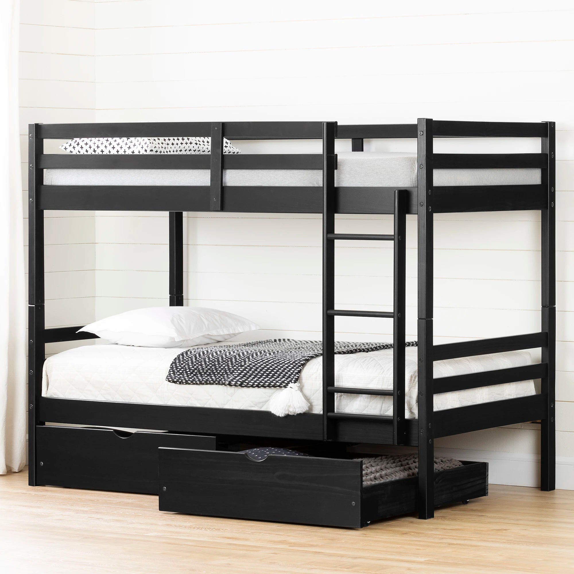 Solid Wood Bunk Bed and Rolling Drawers Set - Fakto