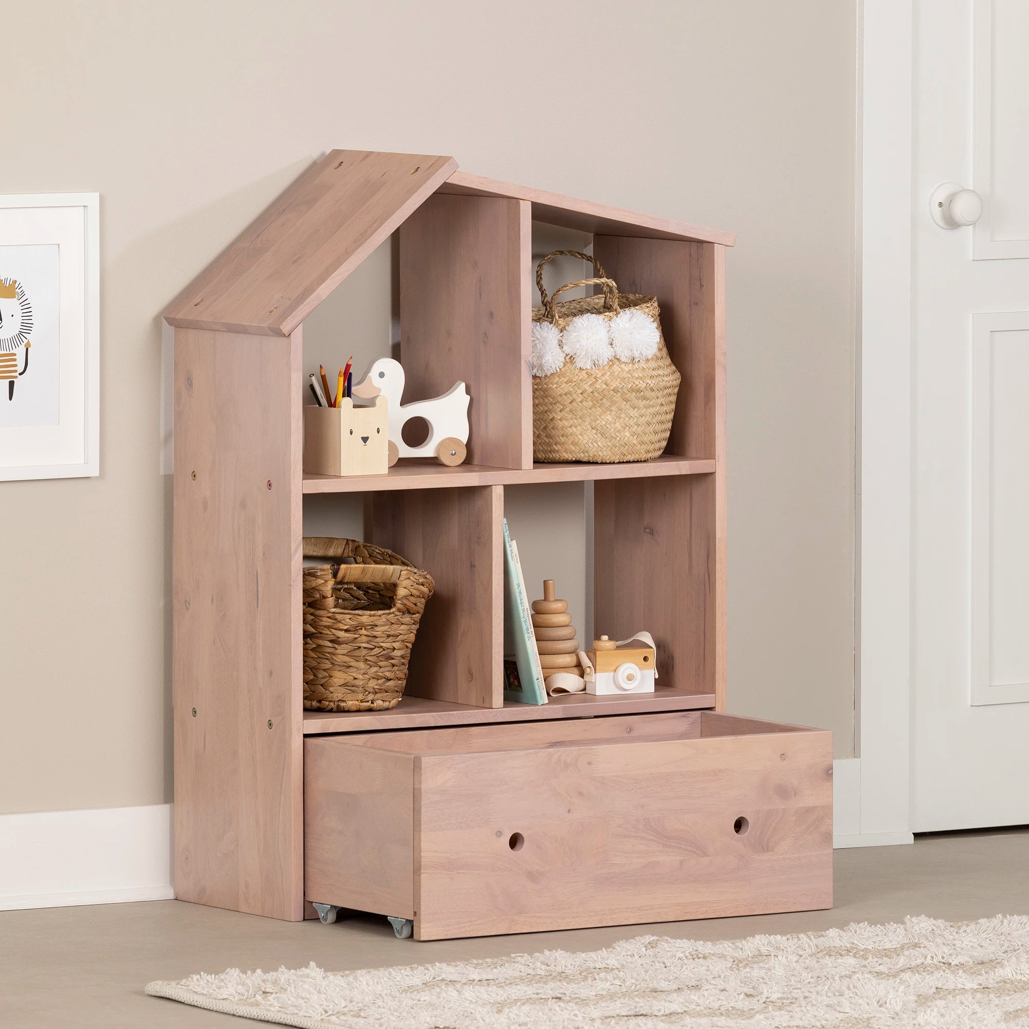 Solid Wood House Shaped Bookcase with Storage Bin - Sweedi