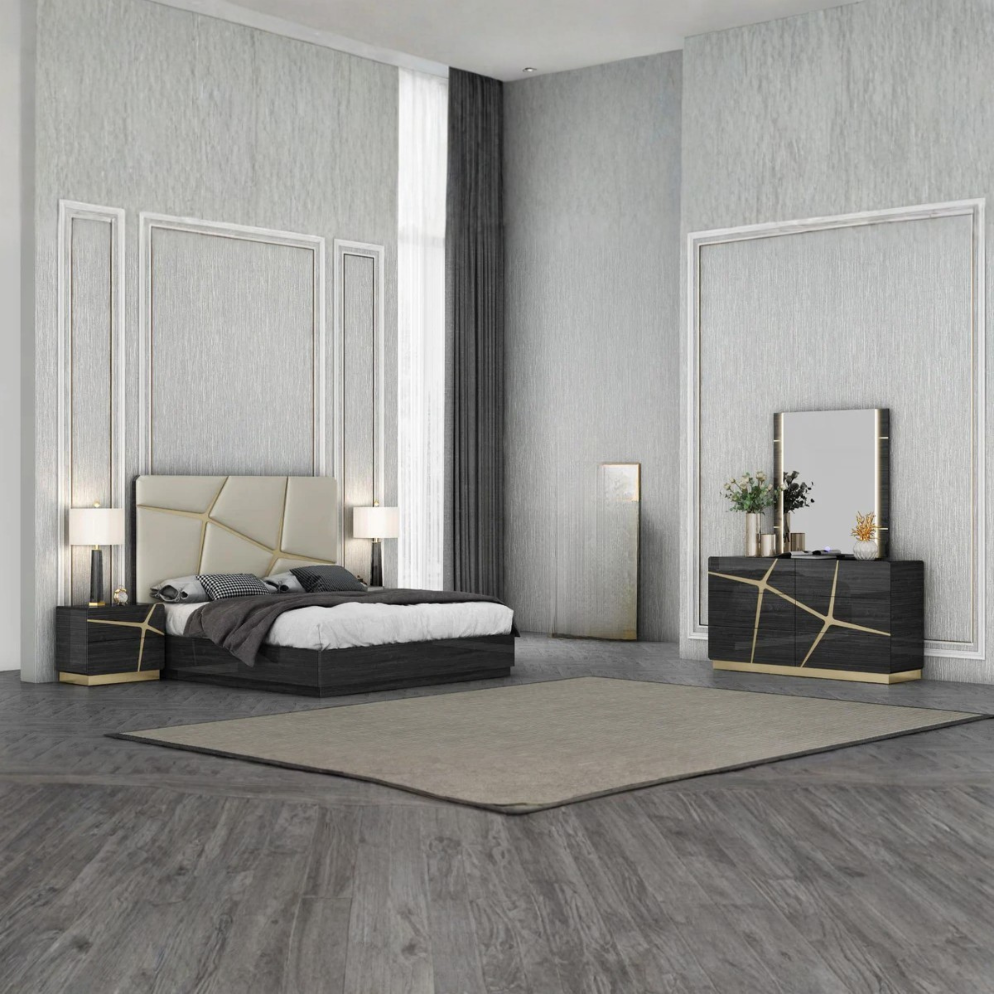 Noctova – Black and Gold Queen Bedroom Set with Storage