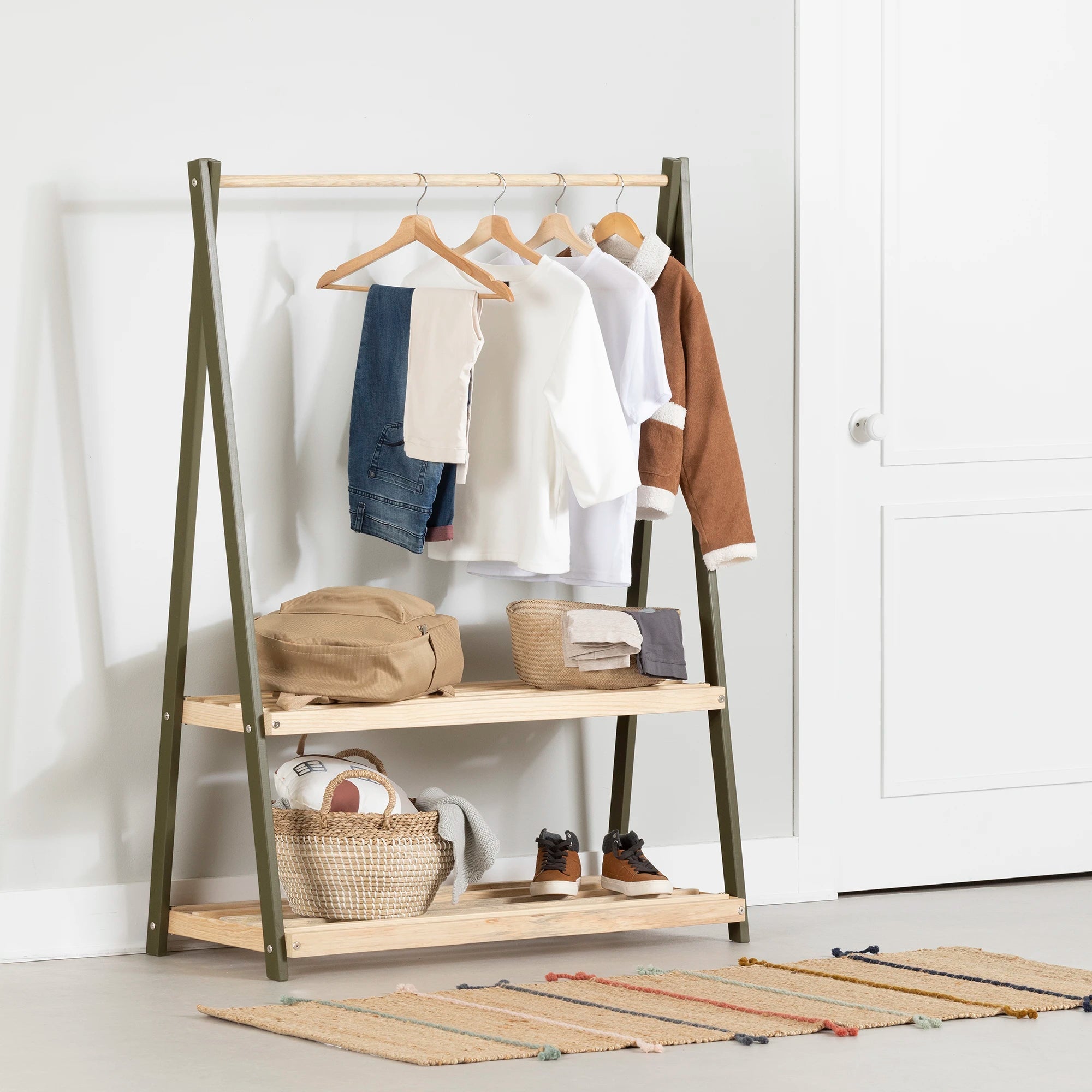 Wooden Clothes Rack with Storage Shelves for Kids - Sweedi