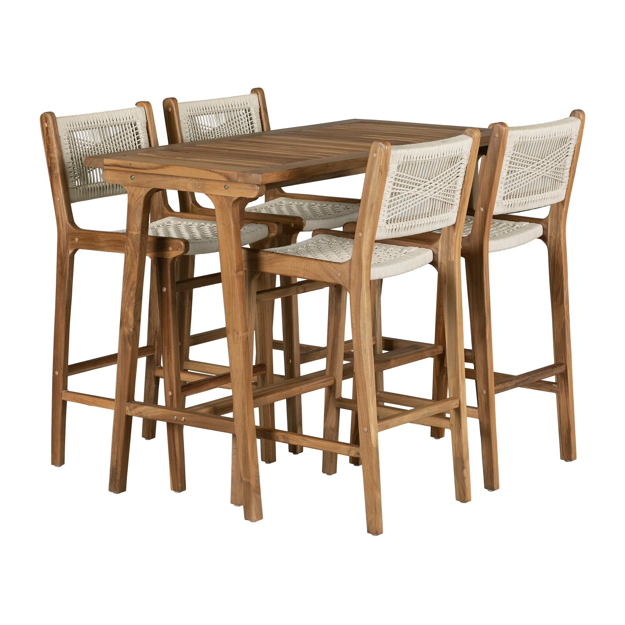 Teak Bar Table and Set of 4 Woven Rope Bar Stools - Agave